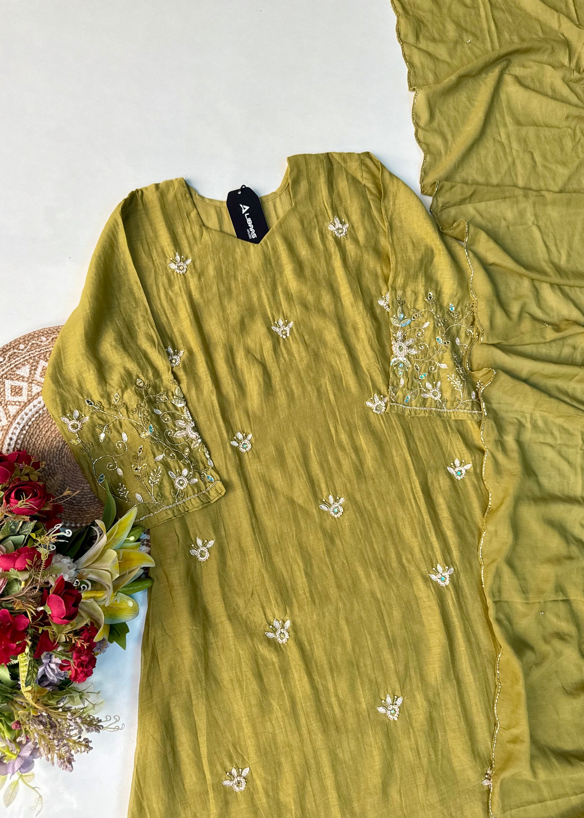 “Pihu” Premium Green Mul Chanderi A-Line Anarkali Kurta