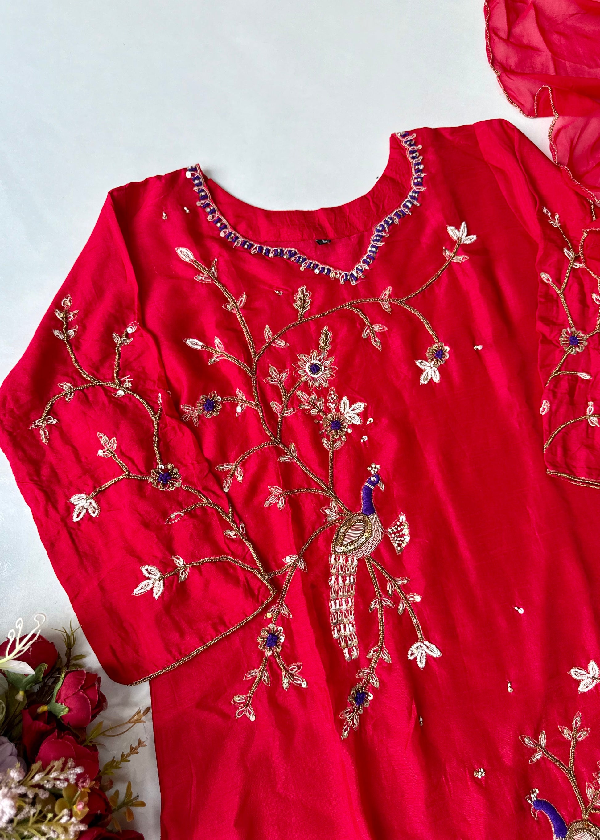 “Peacock” Deep Red Dola Silk Peacock Handwork Suit Set