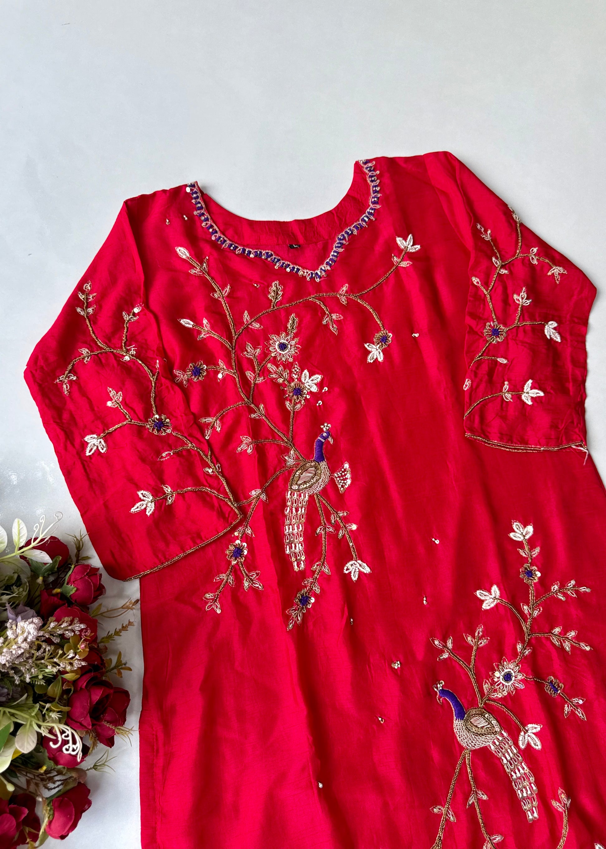 “Peacock” Deep Red Dola Silk Peacock Handwork Suit Set