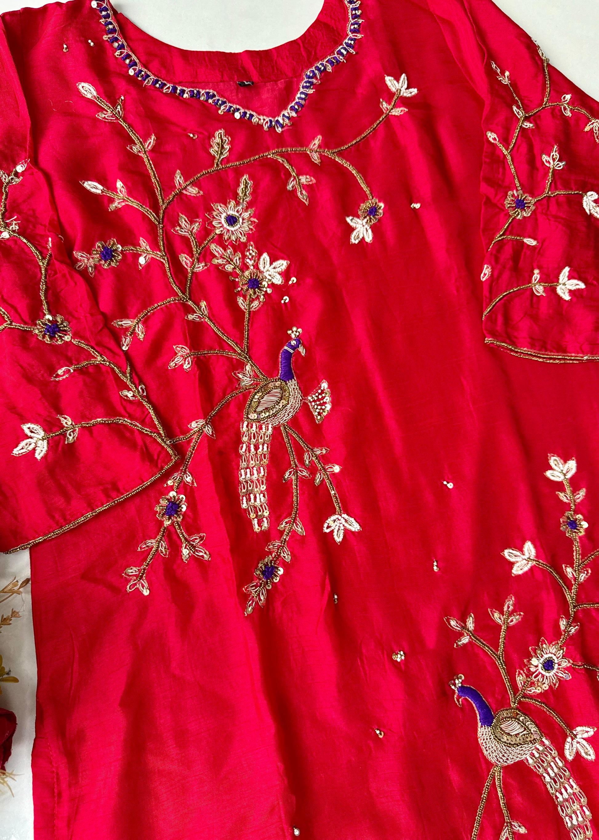 “Peacock” Deep Red Dola Silk Peacock Handwork Suit Set