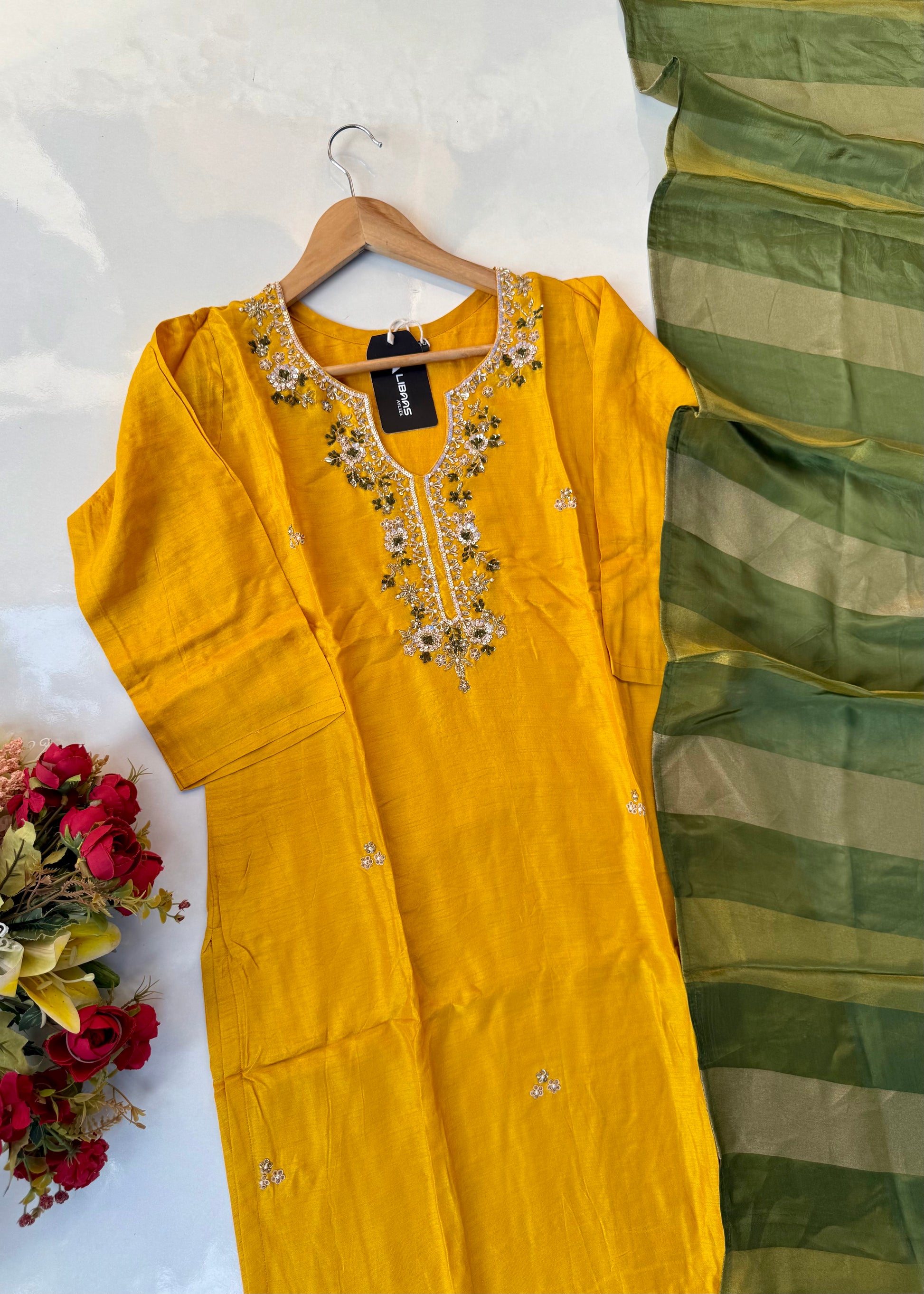 “AIRA” Mustard Yellow dola silk kurta with Green Striped Tissue Dupatta set