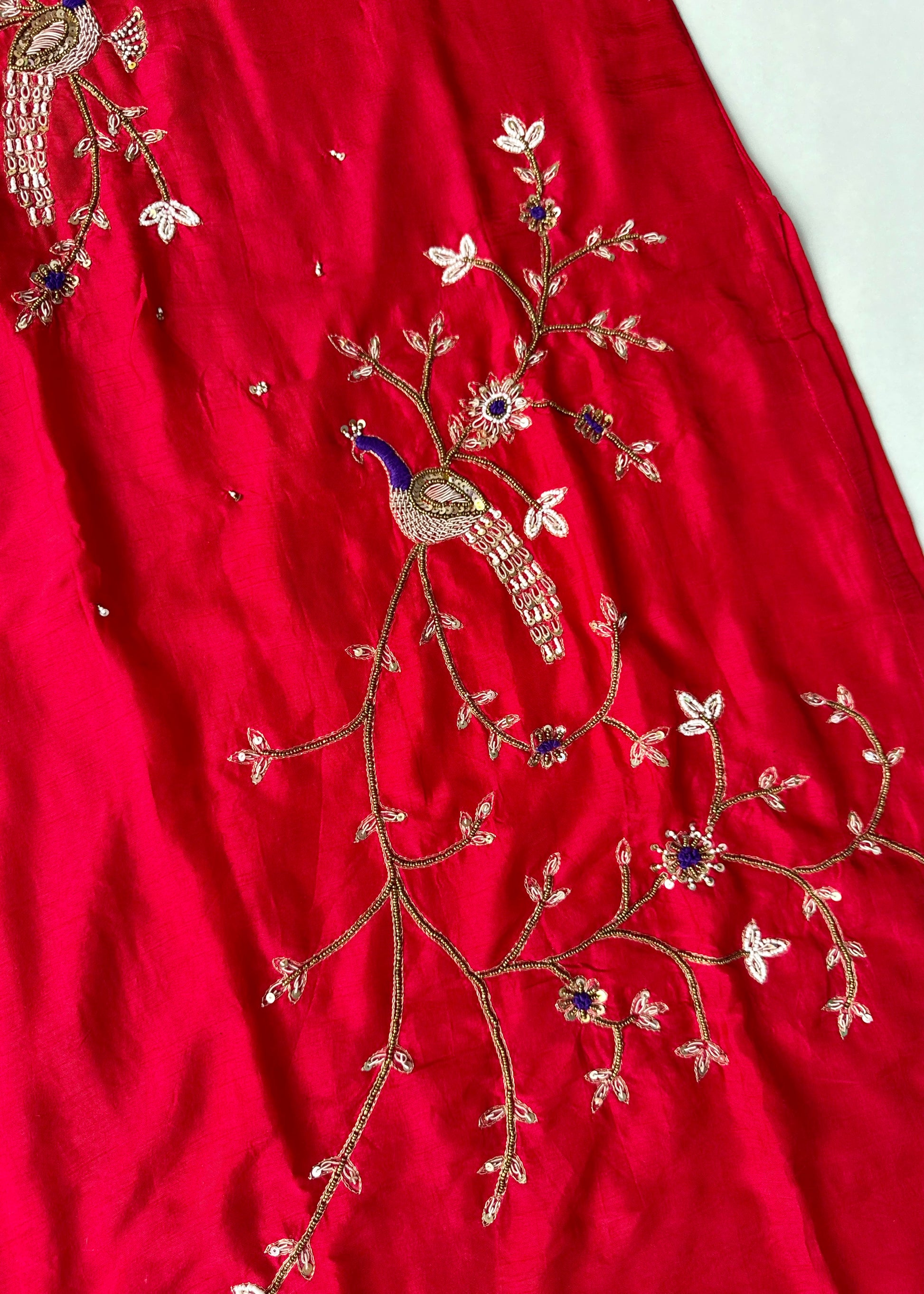 “Peacock” Deep Red Dola Silk Peacock Handwork Suit Set