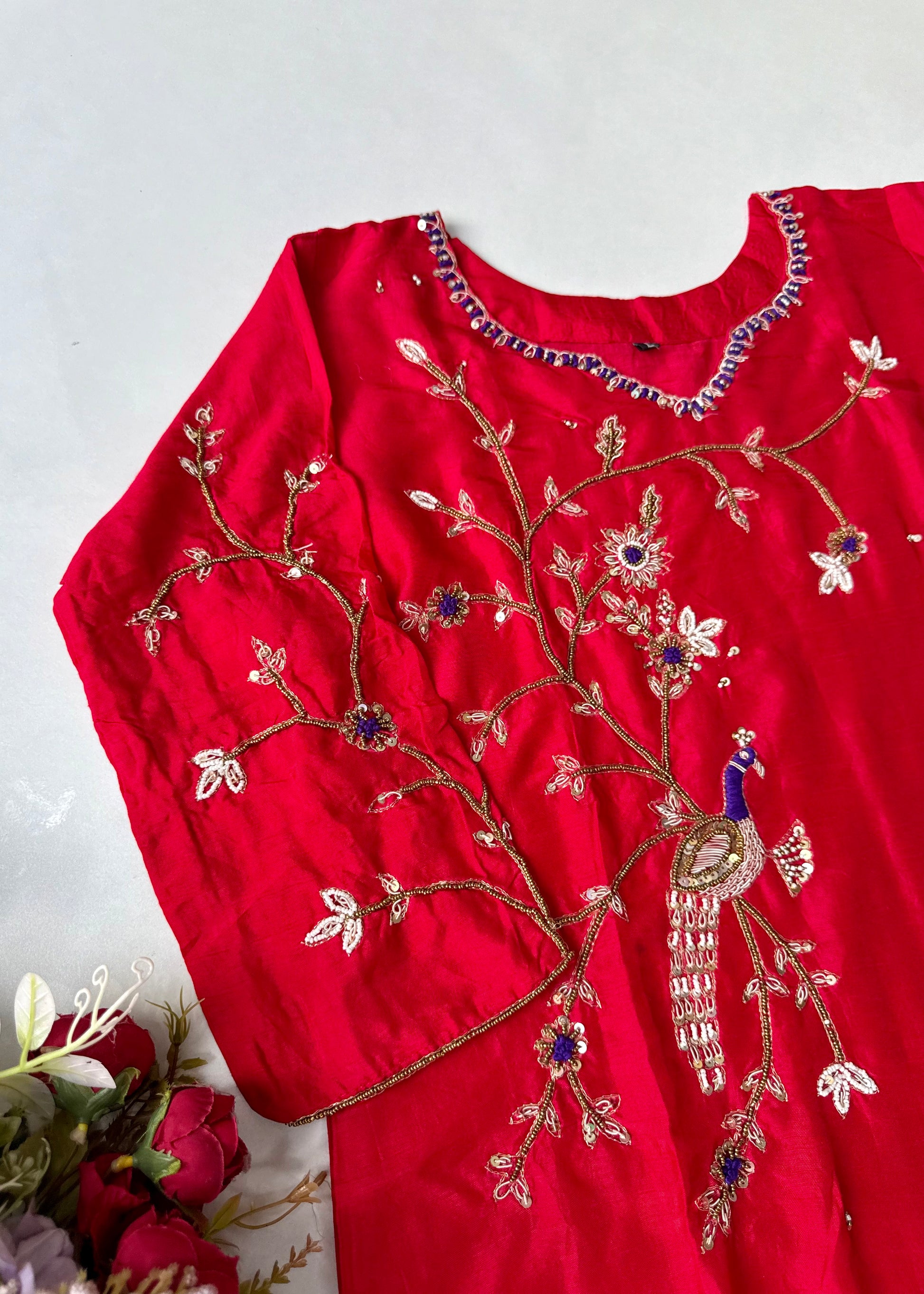 “Peacock” Deep Red Dola Silk Peacock Handwork Suit Set