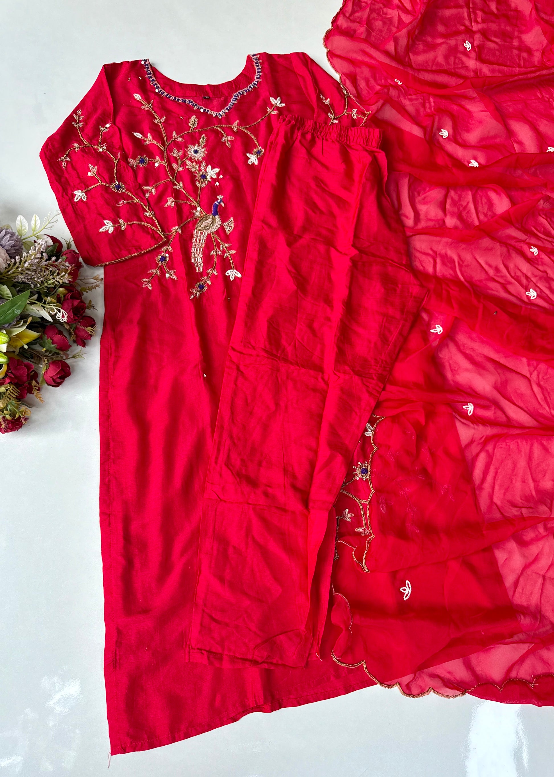 “Peacock” Deep Red Dola Silk Peacock Handwork Suit Set