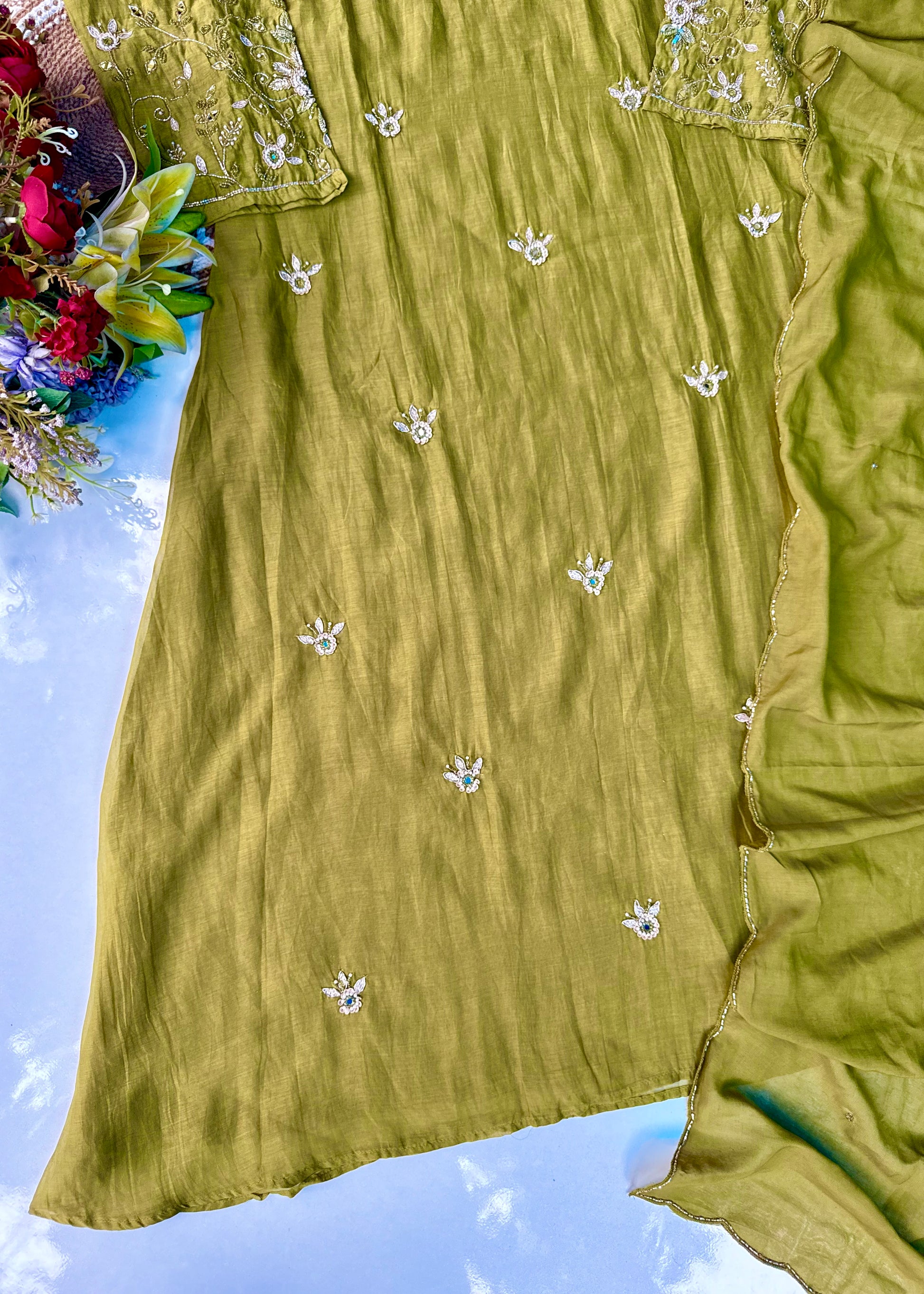 “Pihu” Premium Green Mul Chanderi A-Line Anarkali Kurta