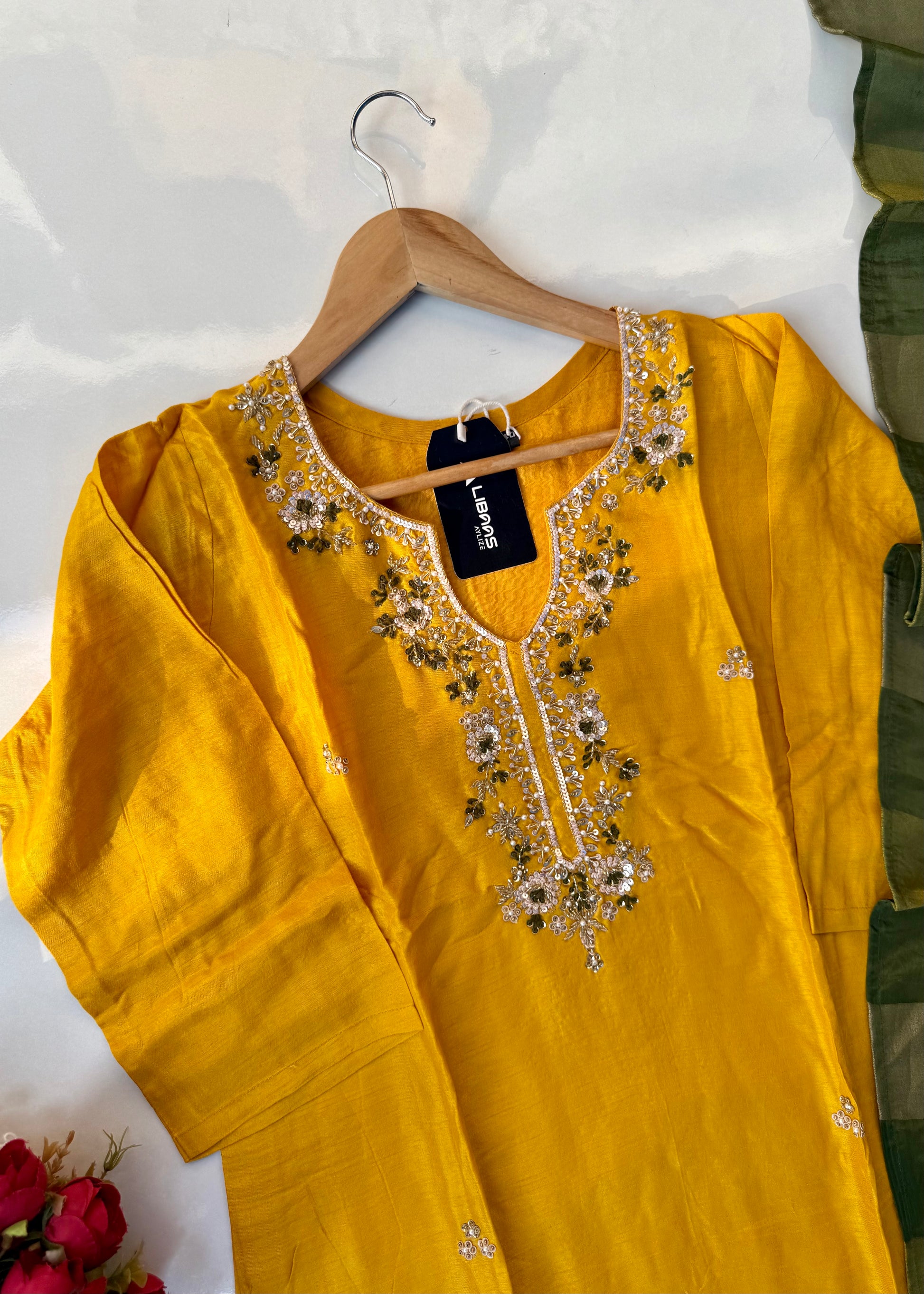 “AIRA” Mustard Yellow dola silk kurta with Green Striped Tissue Dupatta set