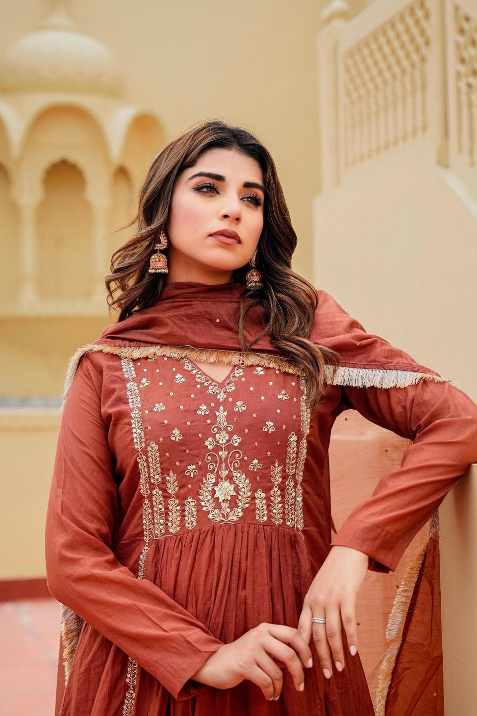“Anya” Rust Brown Mul Chanderi anarkali kurta set