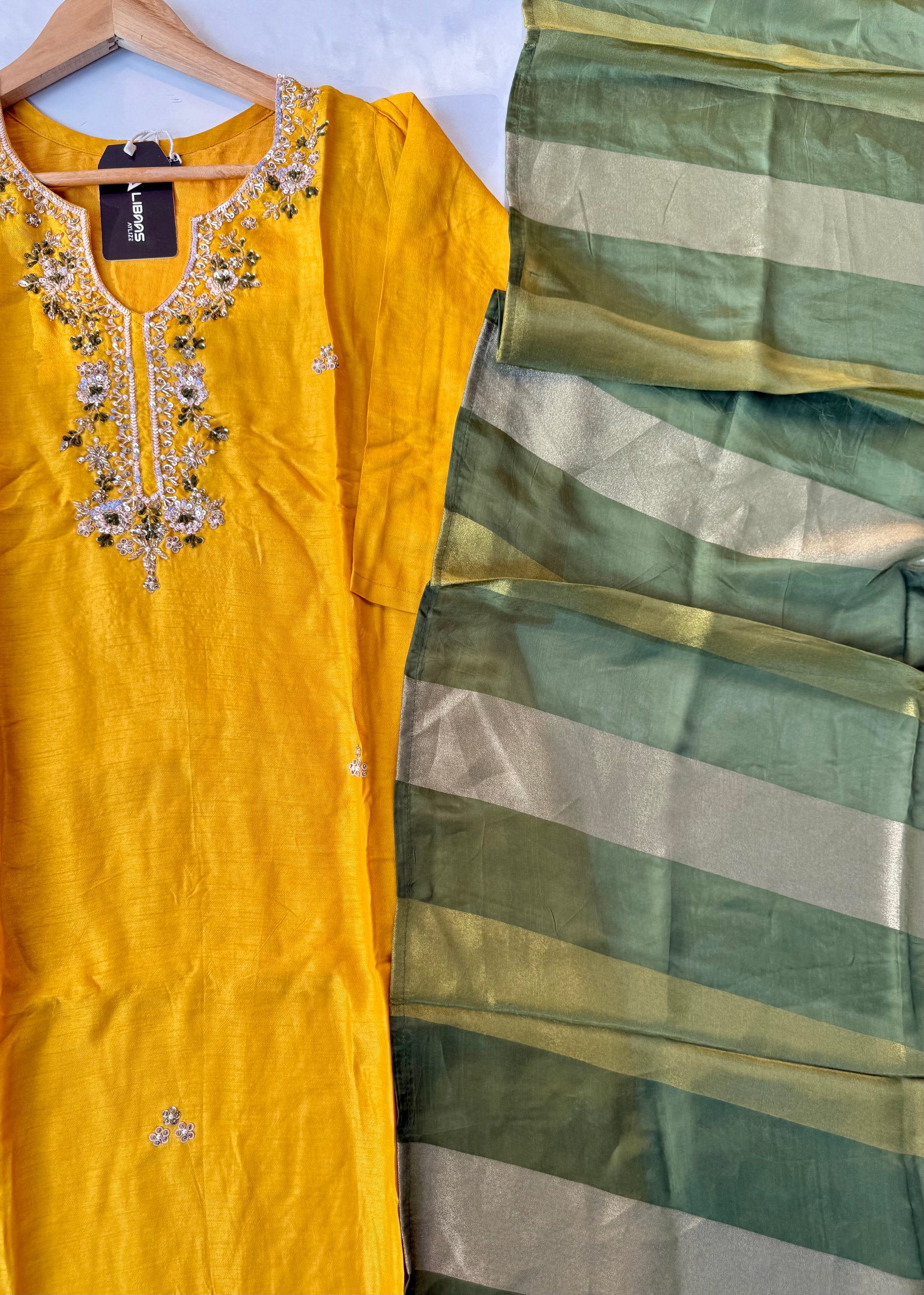 “AIRA” Mustard Yellow dola silk kurta with Green Striped Tissue Dupatta set