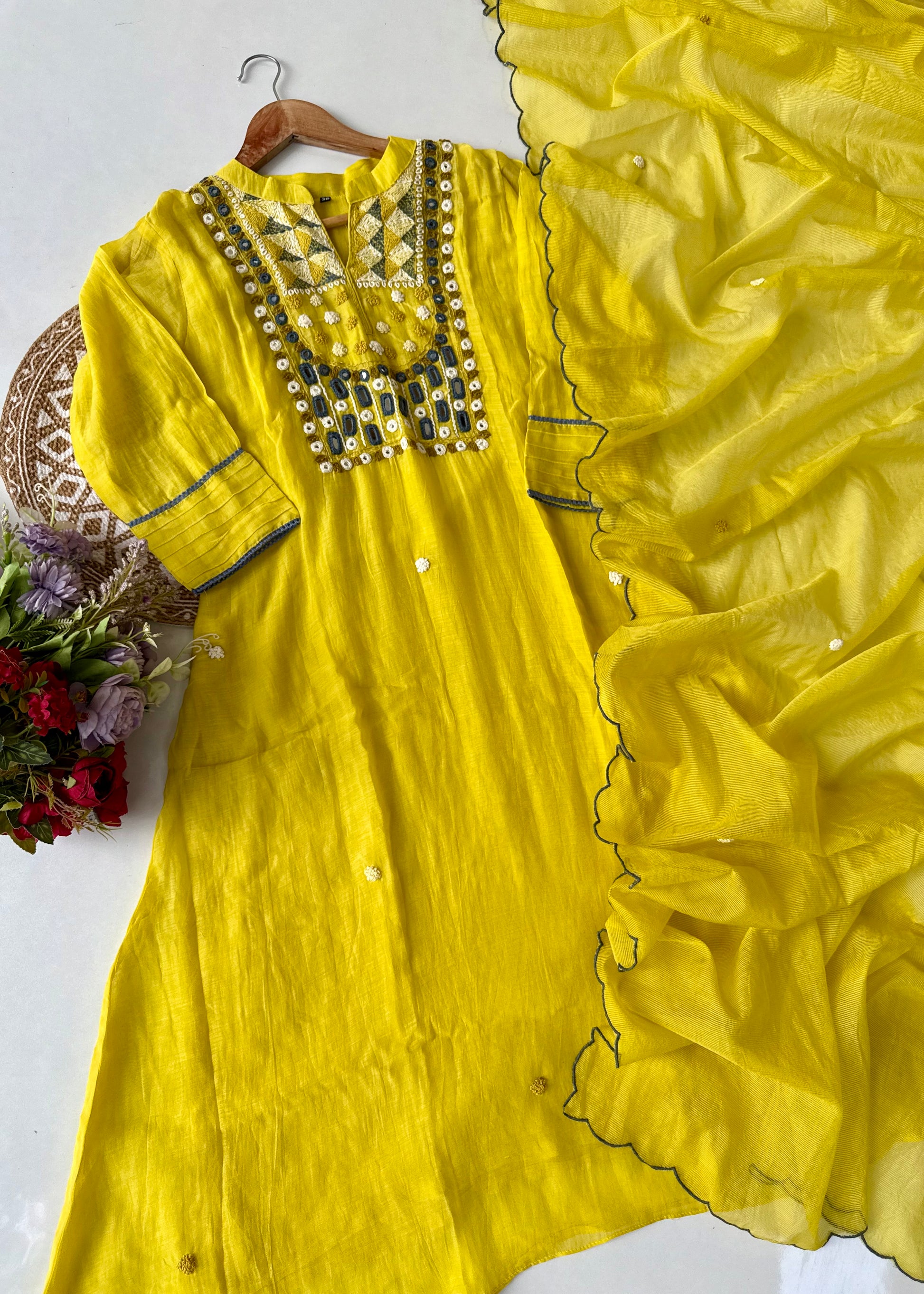 “Mirror” Lemon Yellow Mul Chanderi Mirror Work A Line kurta set