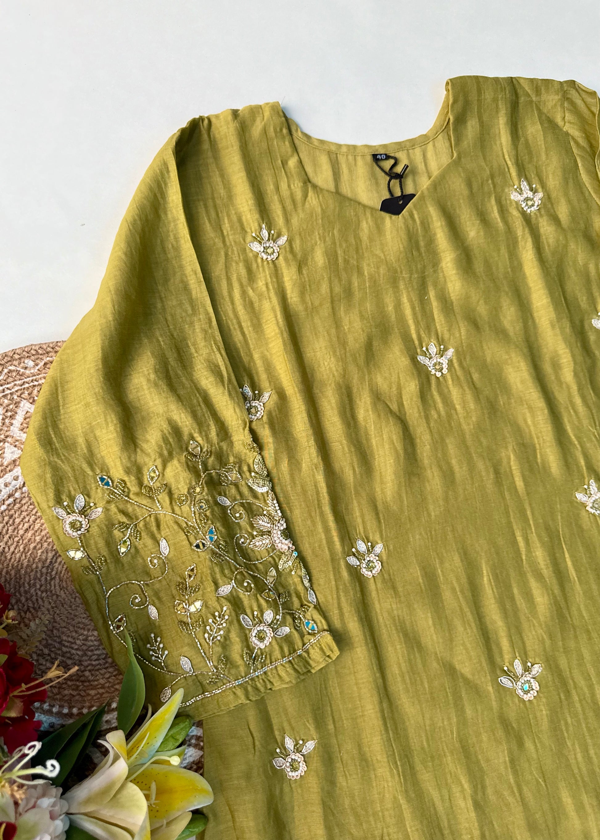 “Pihu” Premium Green Mul Chanderi A-Line Anarkali Kurta