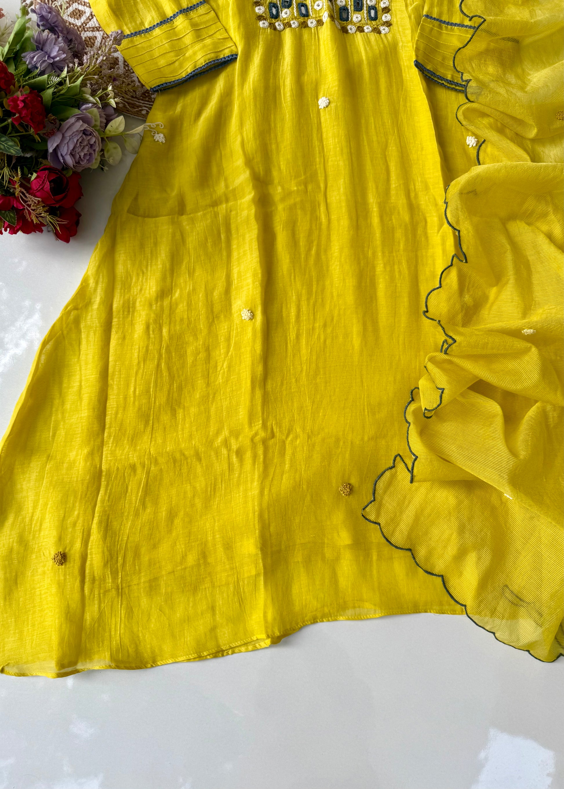 “Mirror” Lemon Yellow Mul Chanderi Mirror Work A Line kurta set