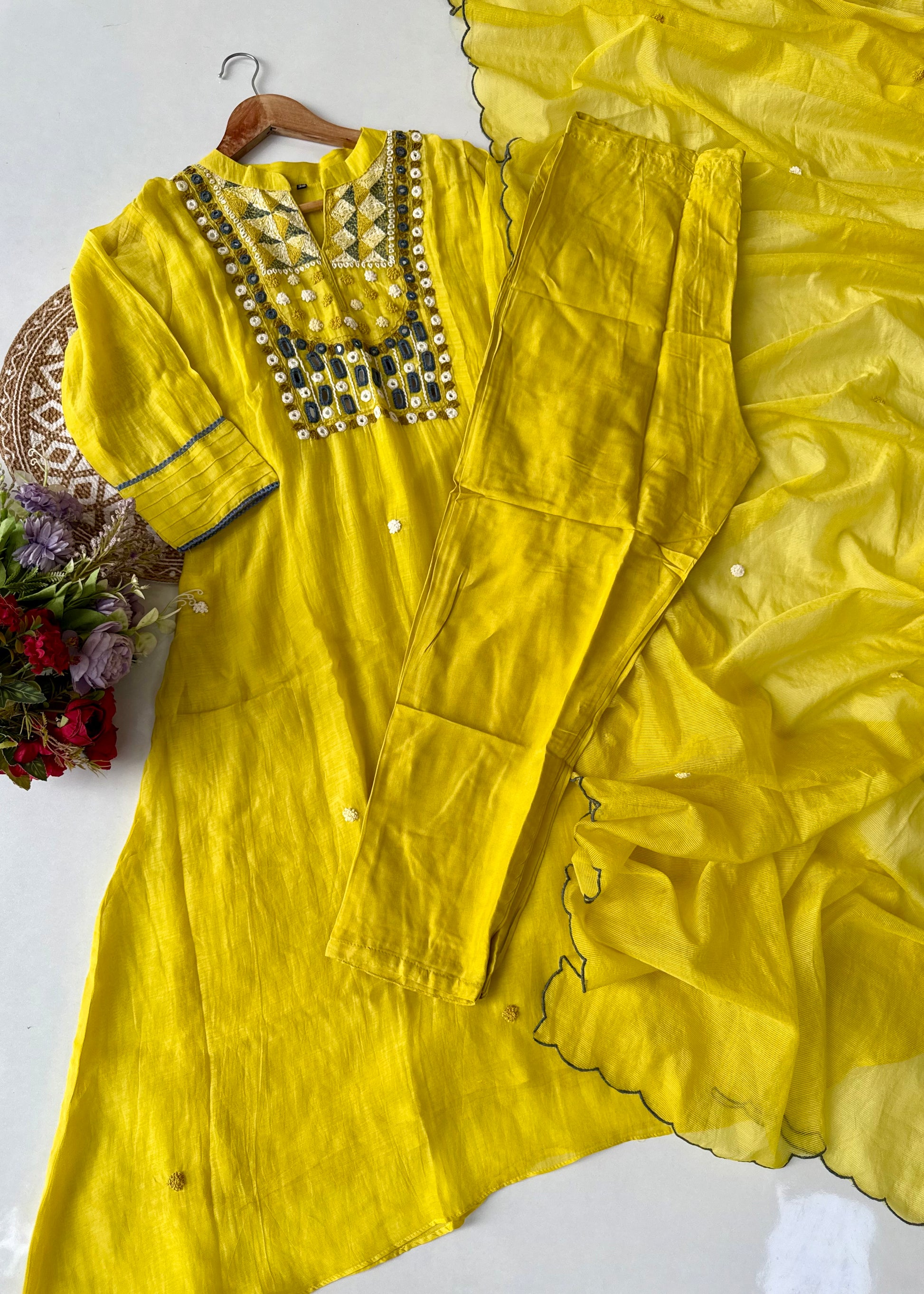 “Mirror” Lemon Yellow Mul Chanderi Mirror Work A Line kurta set