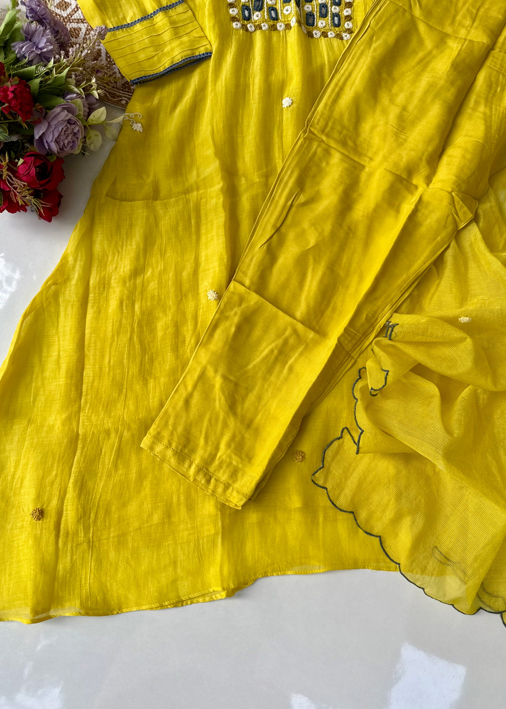 “Mirror” Lemon Yellow Mul Chanderi Mirror Work A Line kurta set
