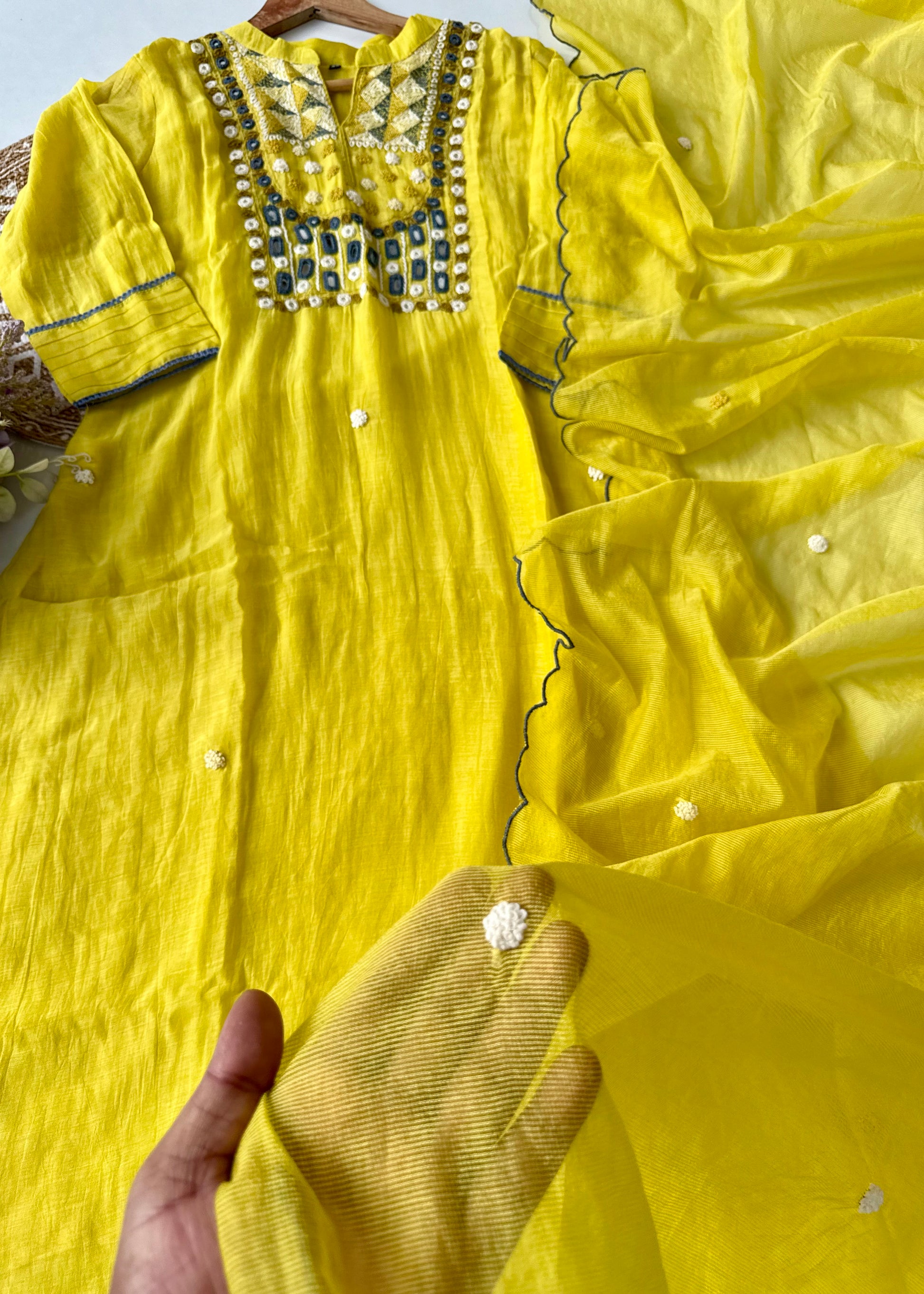 “Mirror” Lemon Yellow Mul Chanderi Mirror Work A Line kurta set