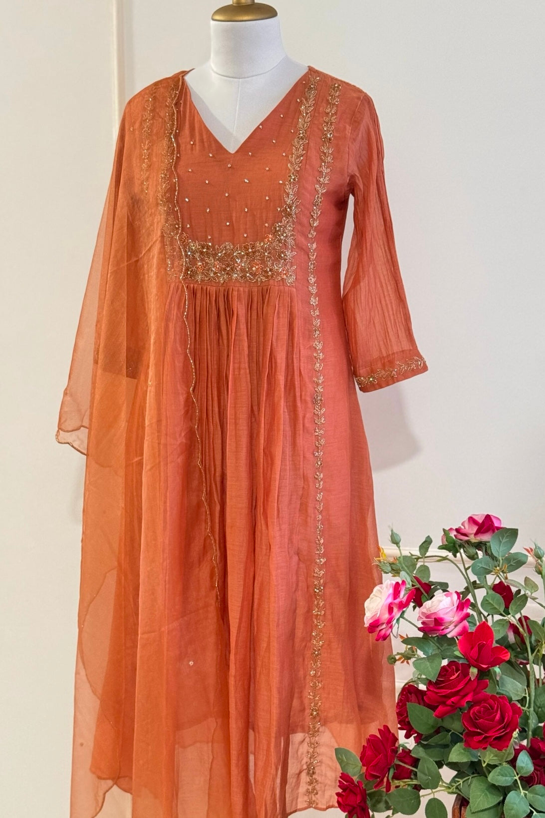 “Ayza” Pre Booking Premium Peach Mul Chanderi A Line Suit set 🛍️
