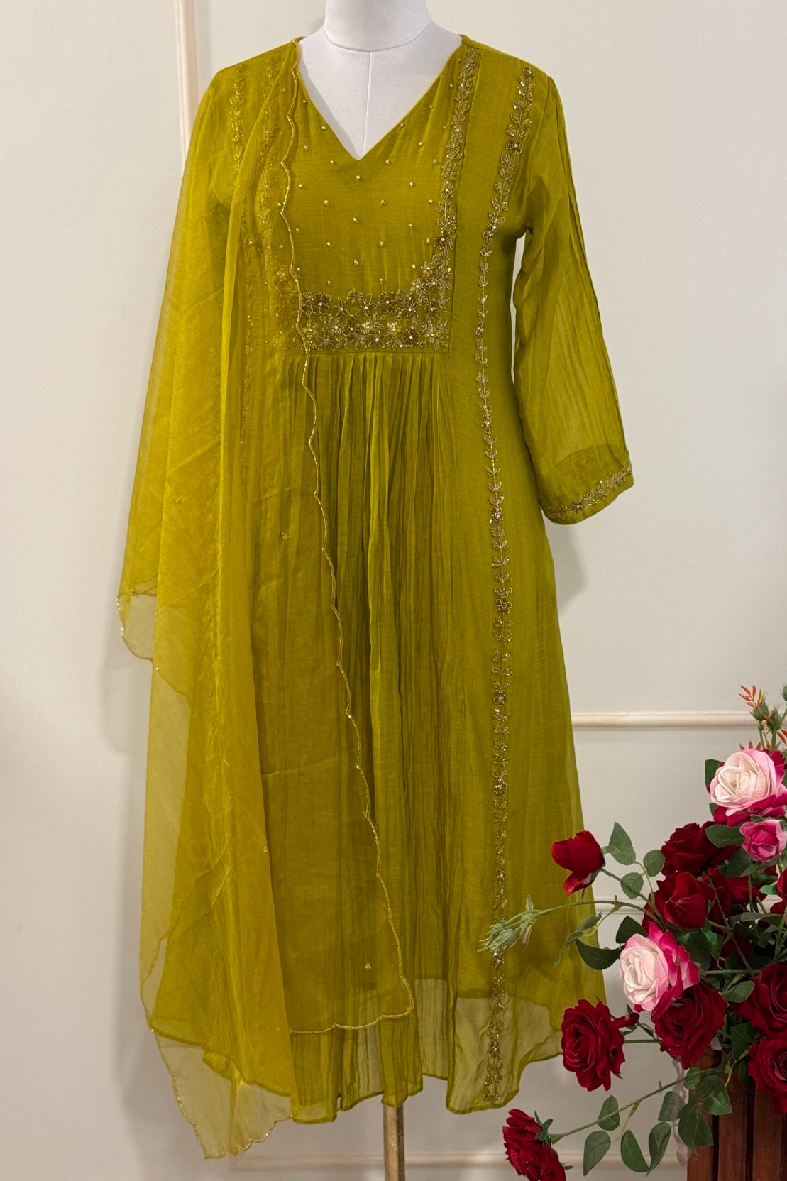 “Ayza” Premium Green Mul Chanderi A Line Suit set 🛍️