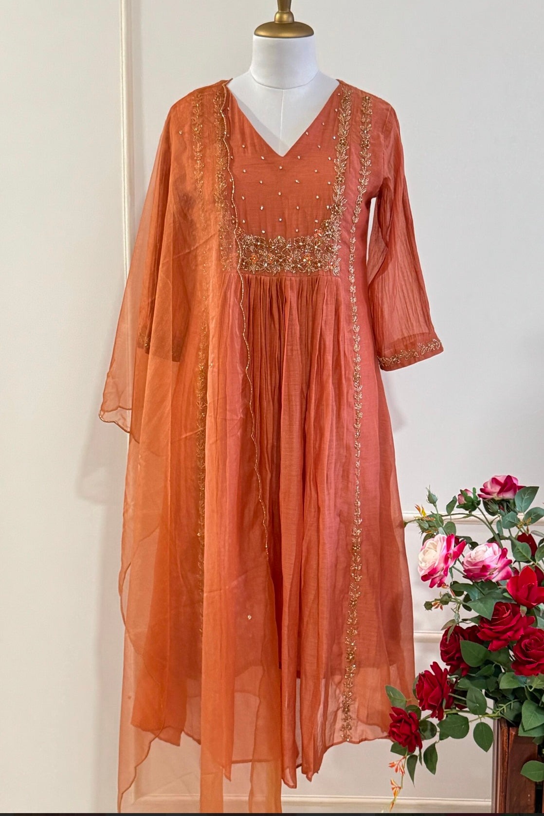 “Ayza” Pre Booking Premium Peach Mul Chanderi A Line Suit set 🛍️