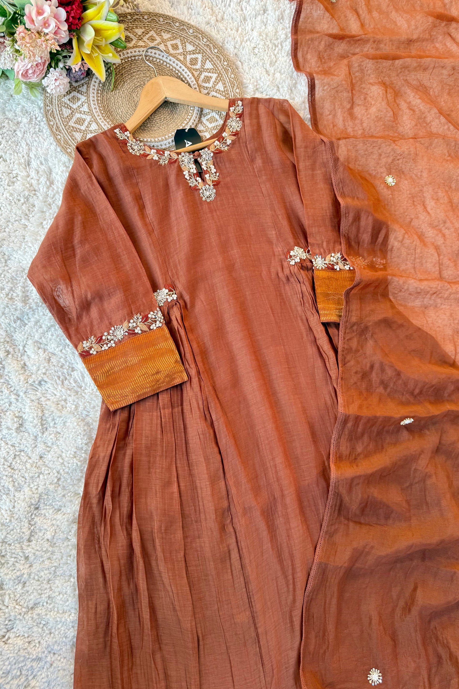 ✨Aabira – Coffee Brown Mul Chanderi Anarkali kurti bottom with dupatta