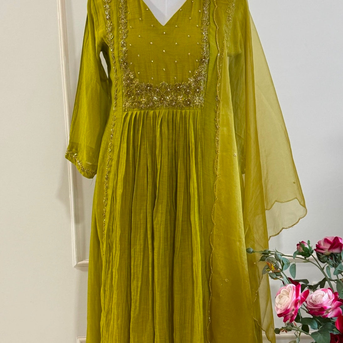 “Ayza” Premium Green Mul Chanderi A Line Suit set 🛍️