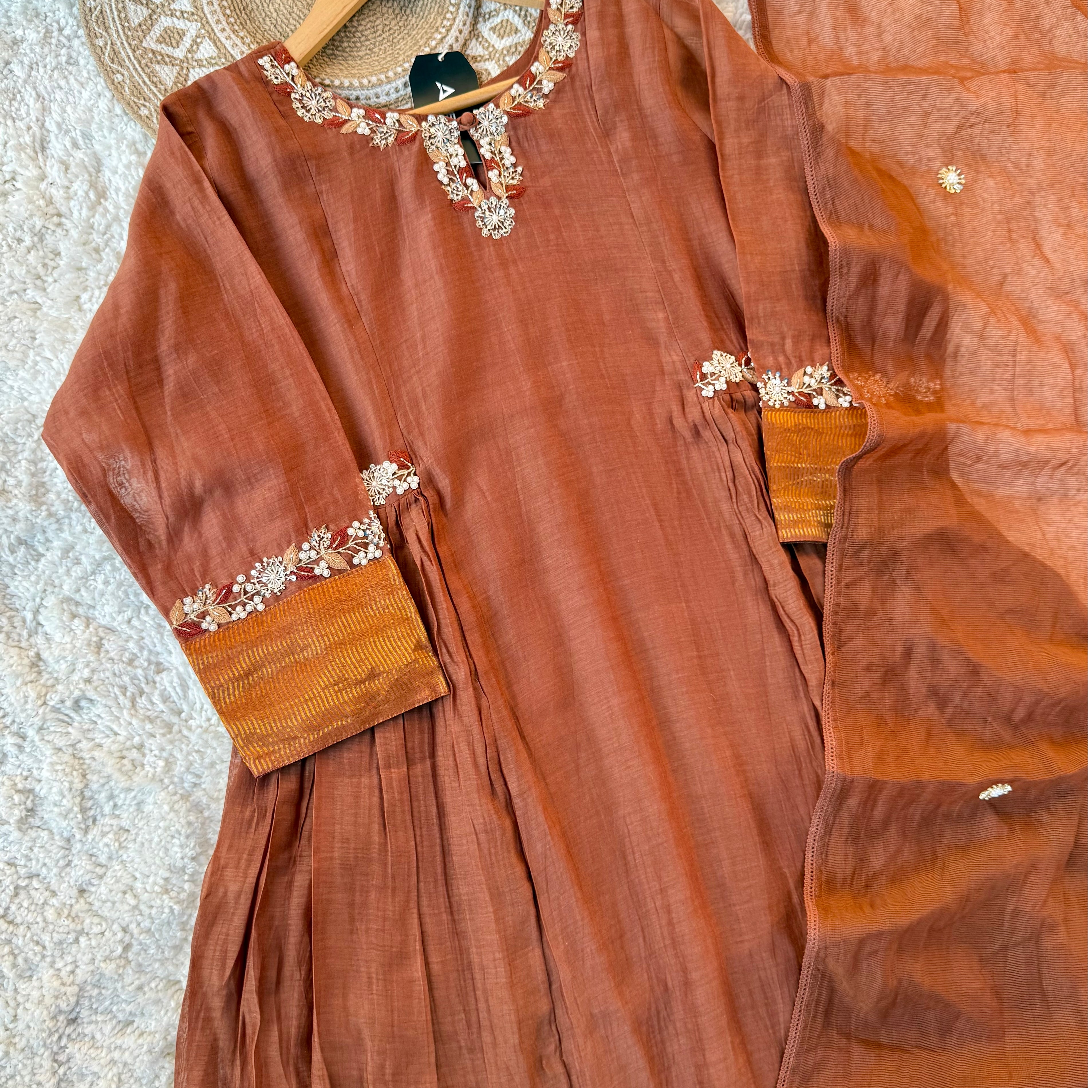 ✨Aabira – Coffee Brown Mul Chanderi Anarkali kurti bottom with dupatta