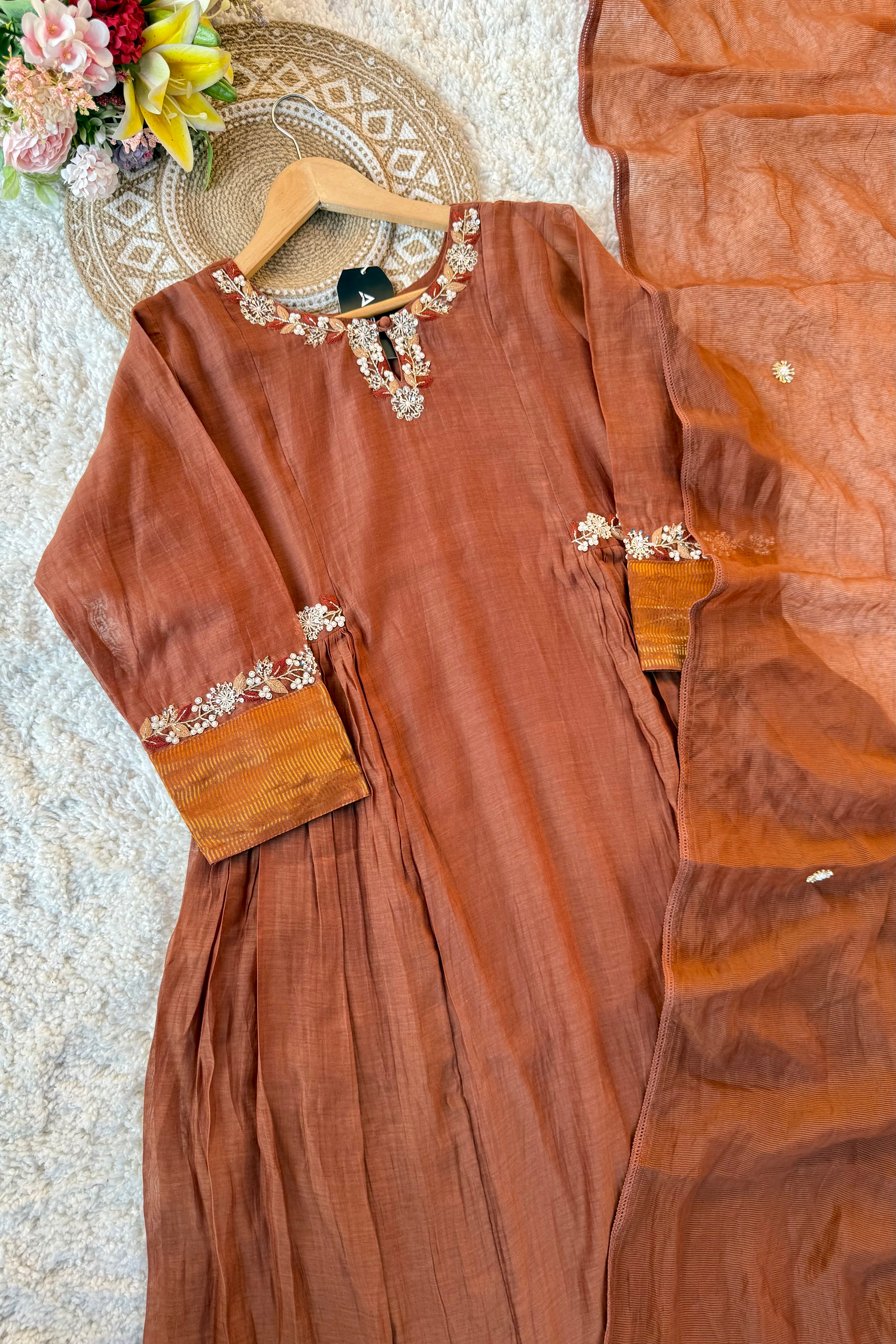 ✨Aabira – Coffee Brown Mul Chanderi Anarkali kurti bottom with dupatta