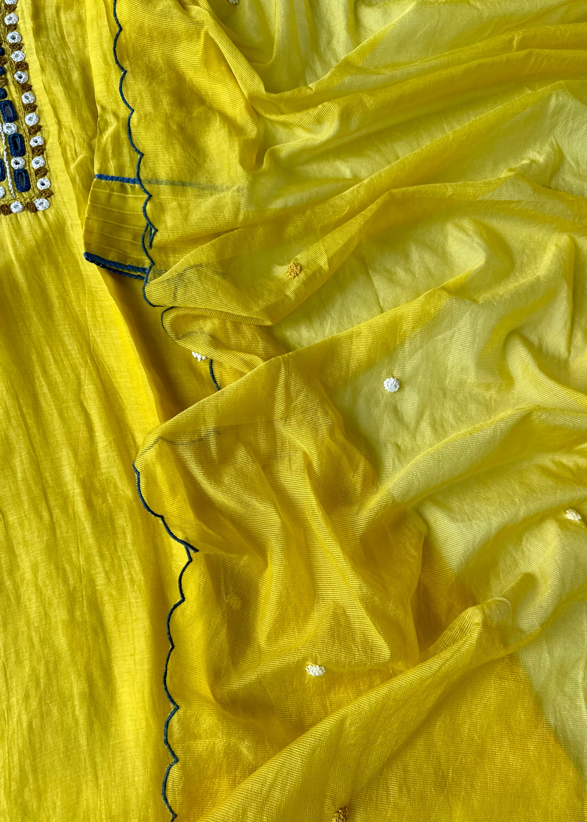 “Mirror” Lemon Yellow Mul Chanderi Mirror Work A Line kurta set