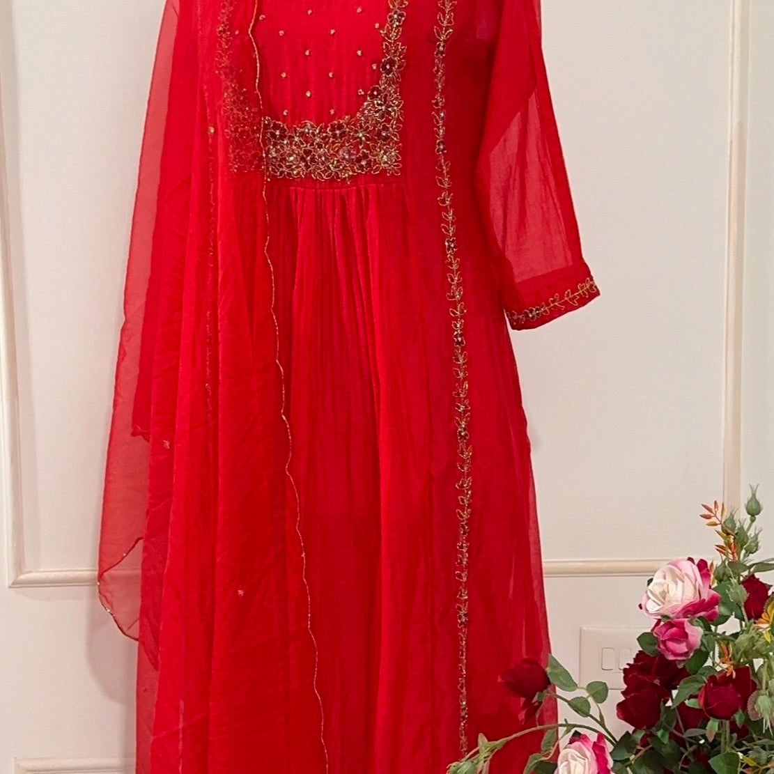 “Ayza” Premium Red Mul Chanderi A Line Suit set 🛍️