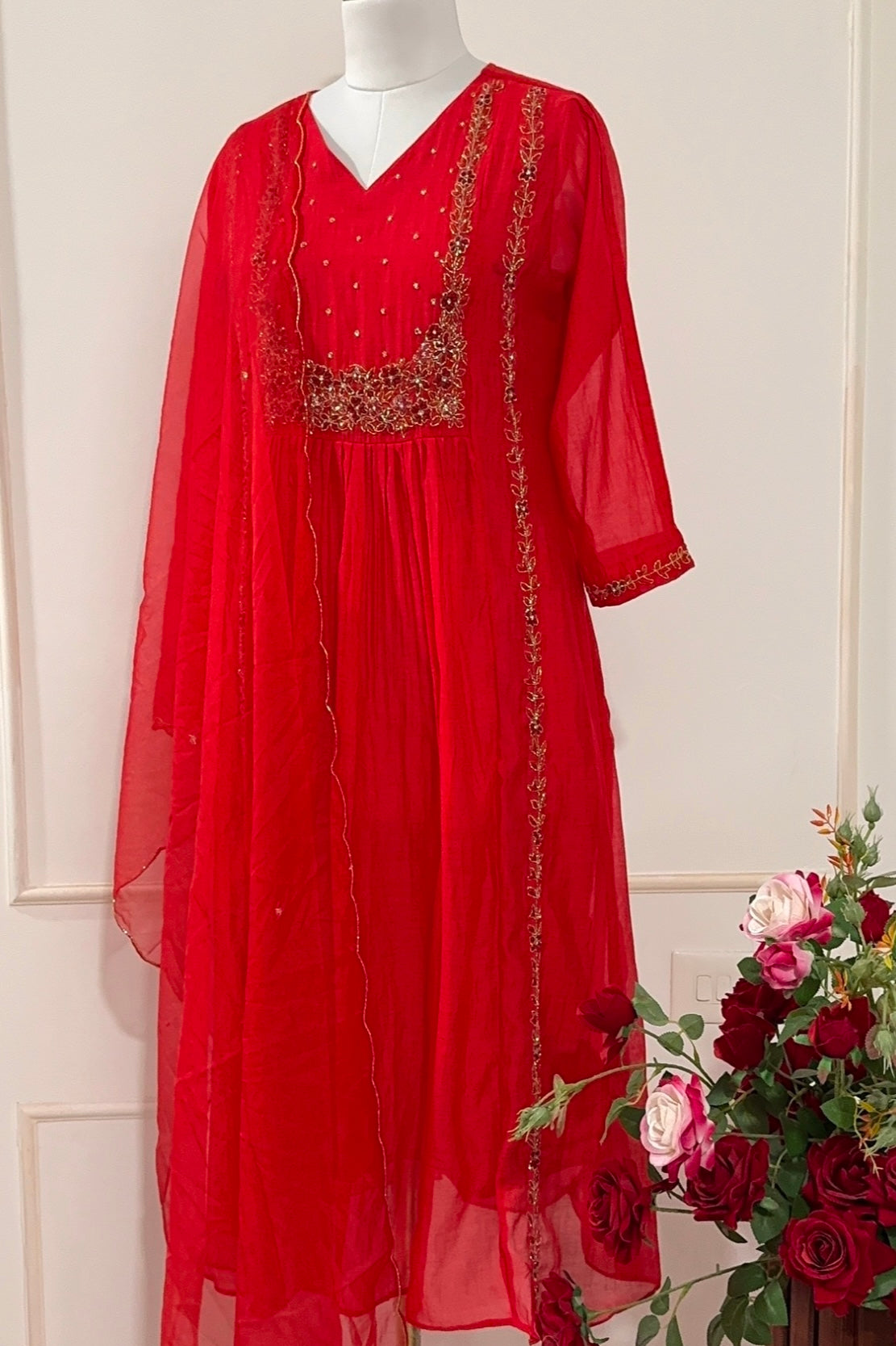 “Ayza” Premium Red Mul Chanderi A Line Suit set 🛍️