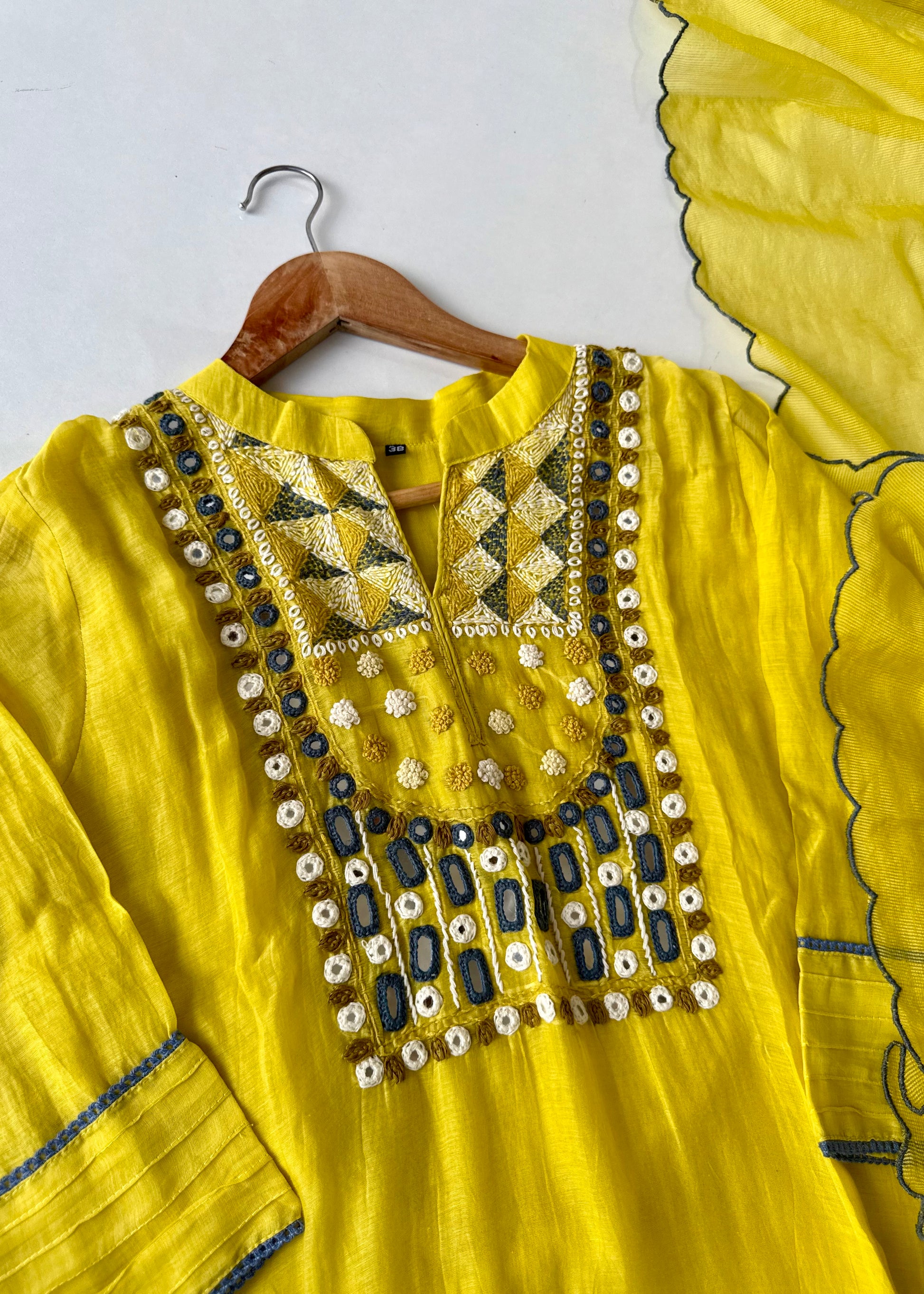 “Mirror” Lemon Yellow Mul Chanderi Mirror Work A Line kurta set