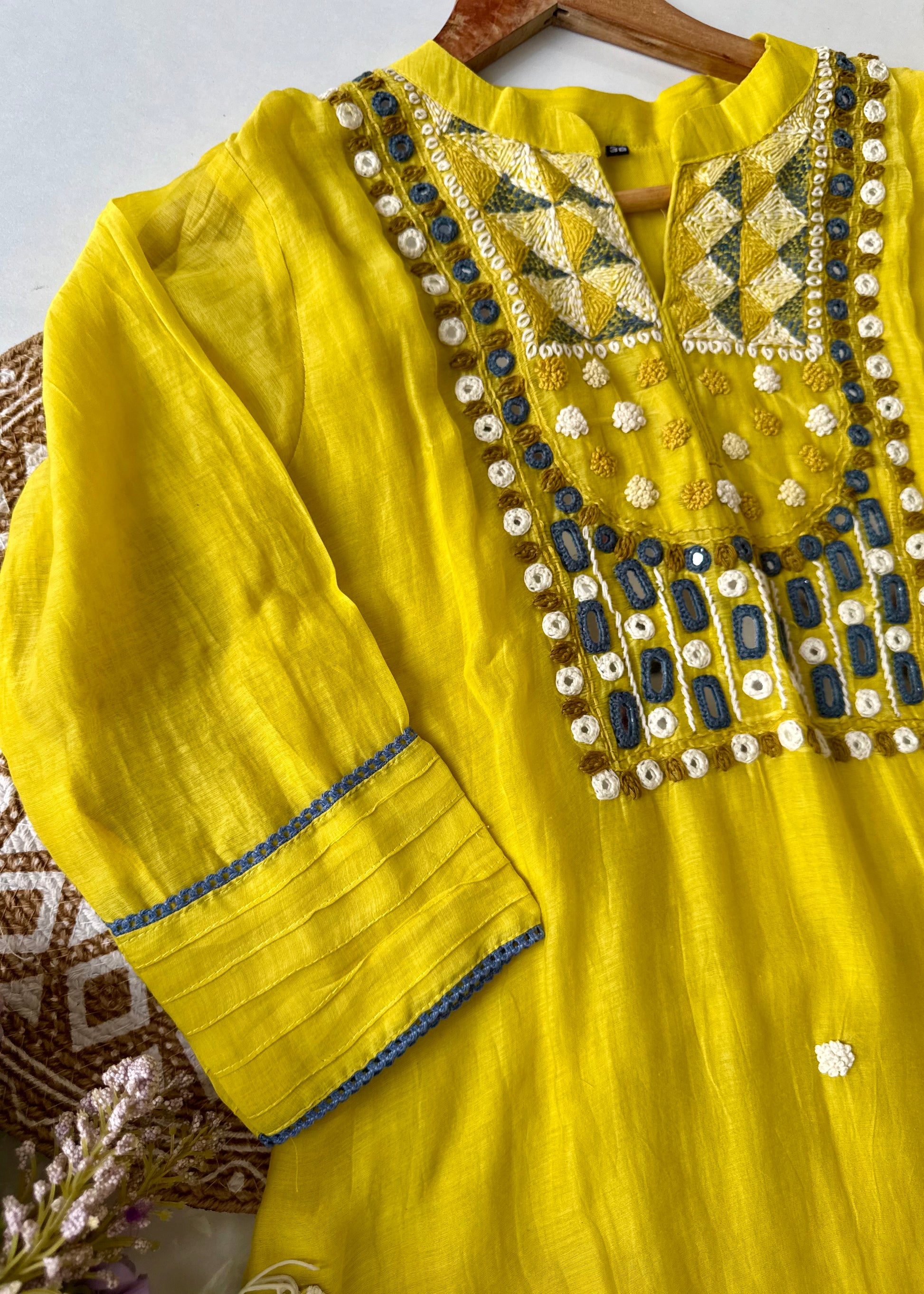 “Mirror” Lemon Yellow Mul Chanderi Mirror Work A Line kurta set