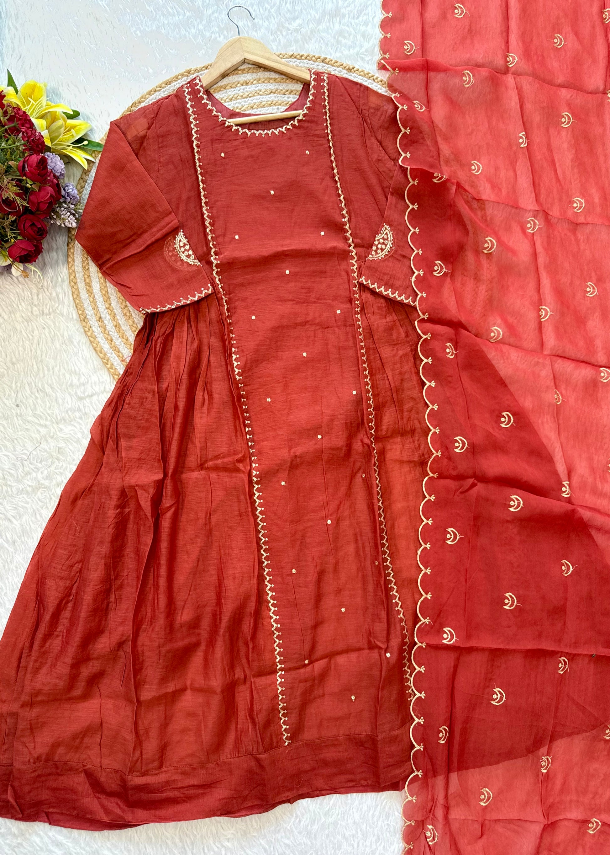 “MUL” Beautiful Mul Chanderi anarkali kurti set