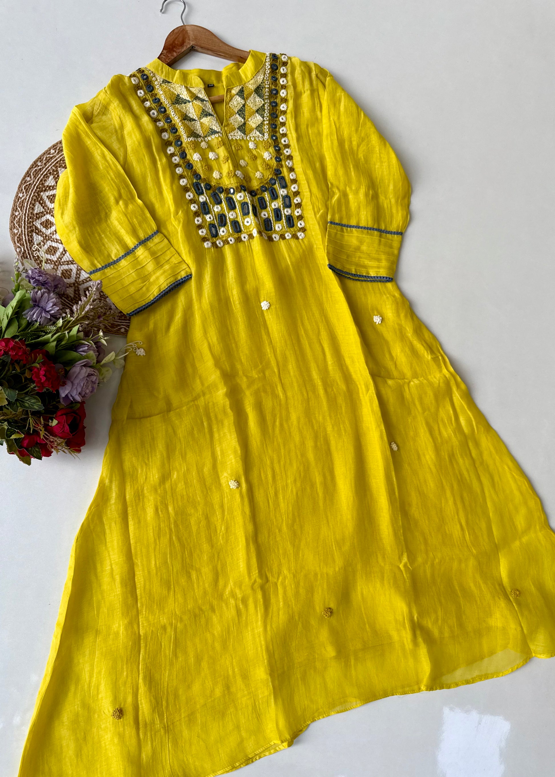 “Mirror” Lemon Yellow Mul Chanderi Mirror Work A Line kurta set