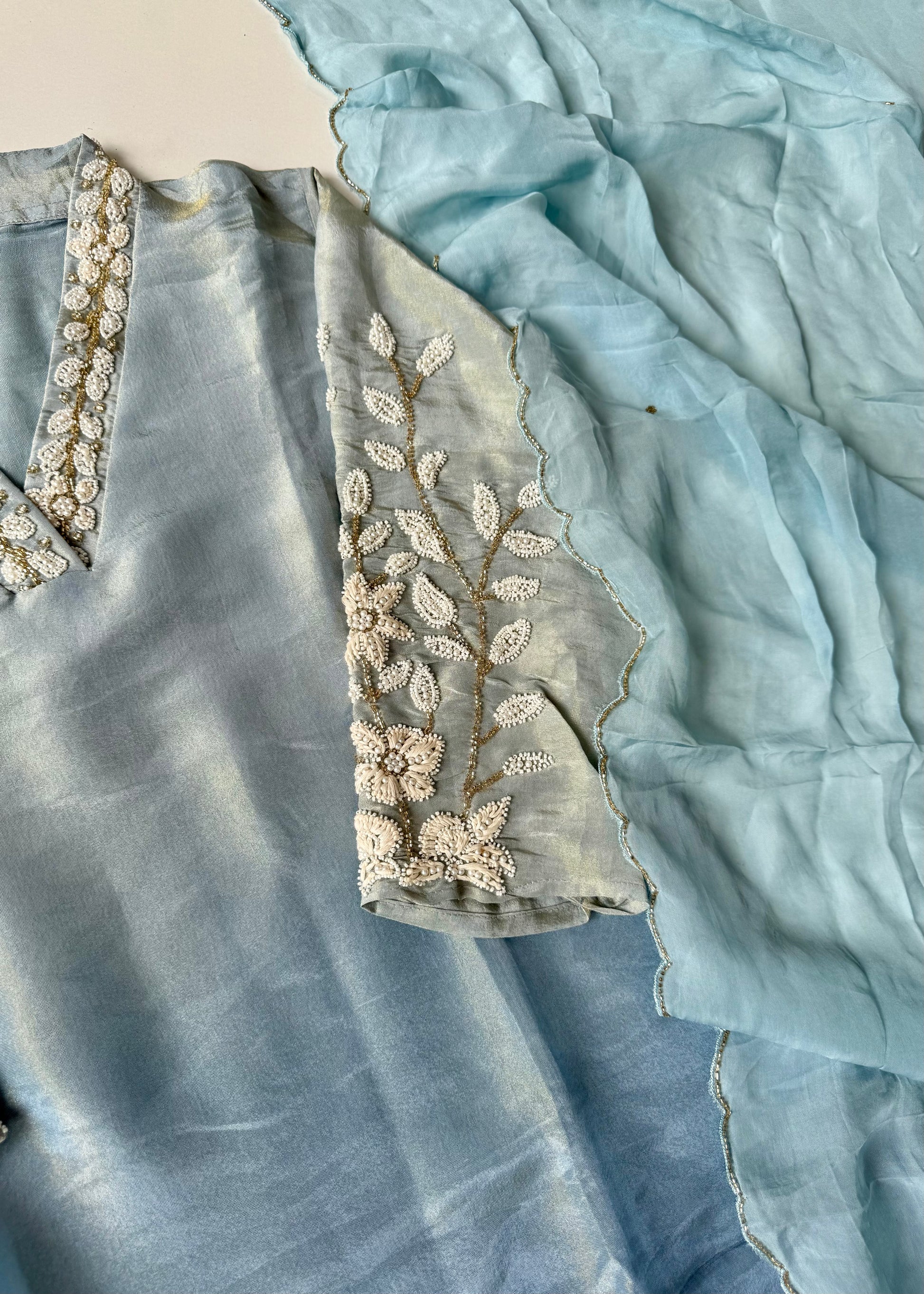 “Alora” Blue Serenity Ombre Tissue Silk kurta set