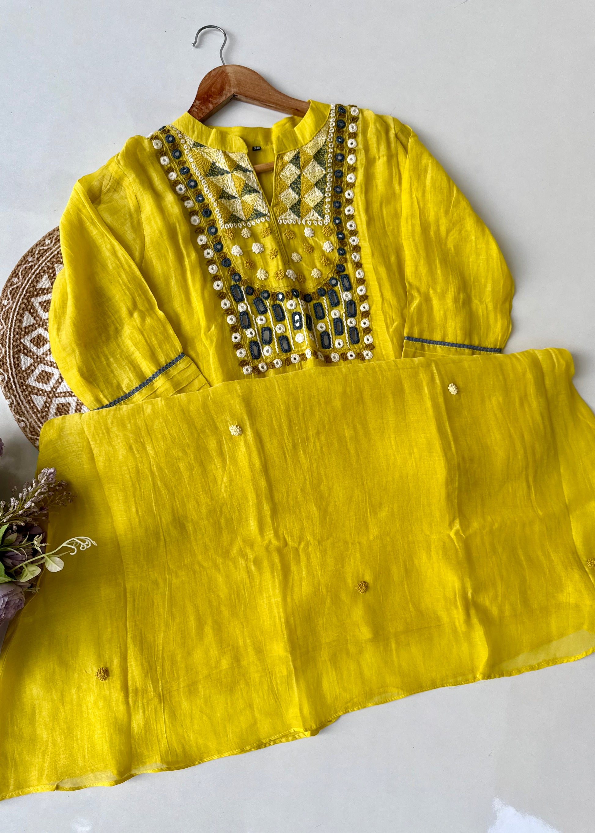 “Mirror” Lemon Yellow Mul Chanderi Mirror Work A Line kurta set