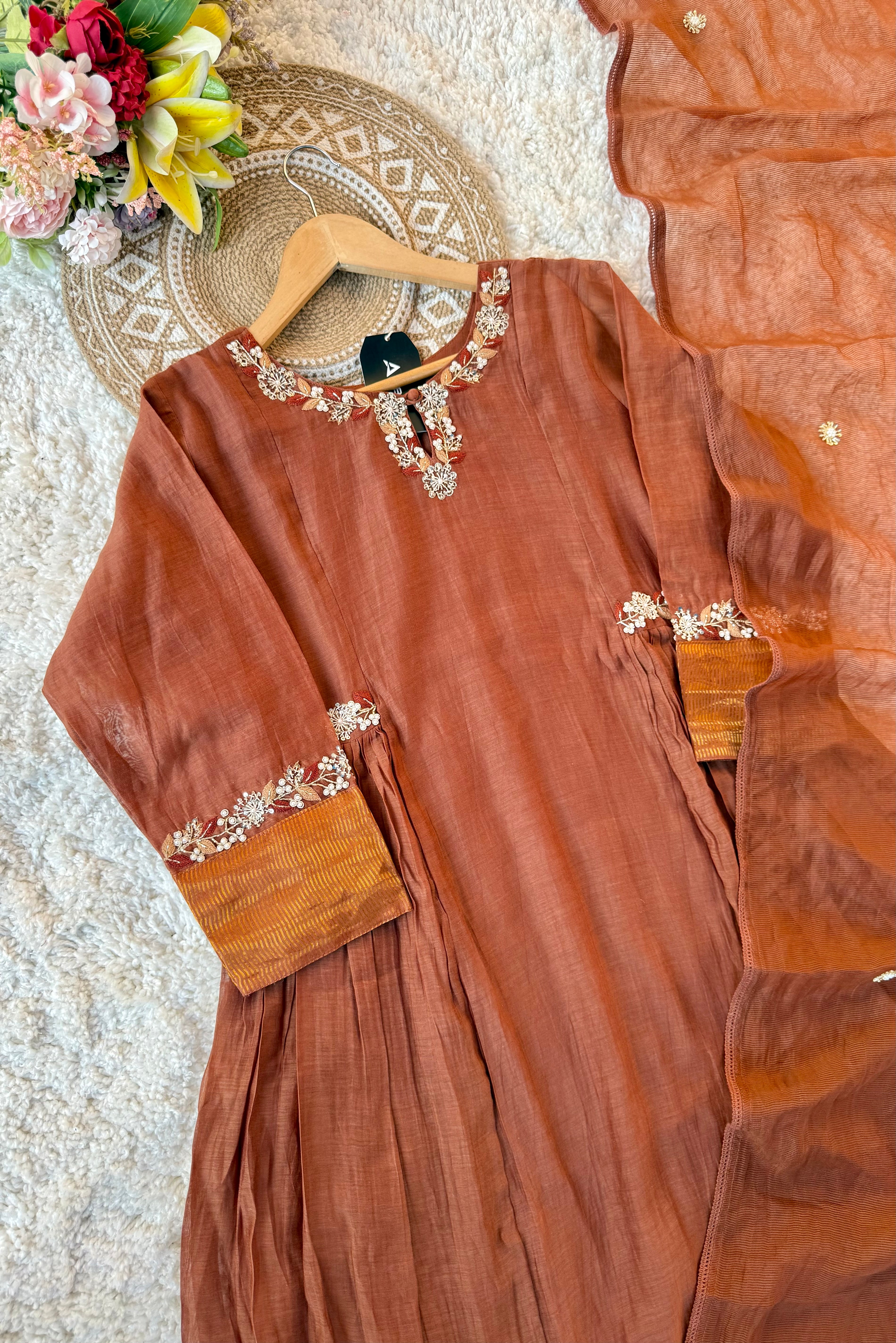 ✨Aabira – Coffee Brown Mul Chanderi Anarkali kurti bottom with dupatta