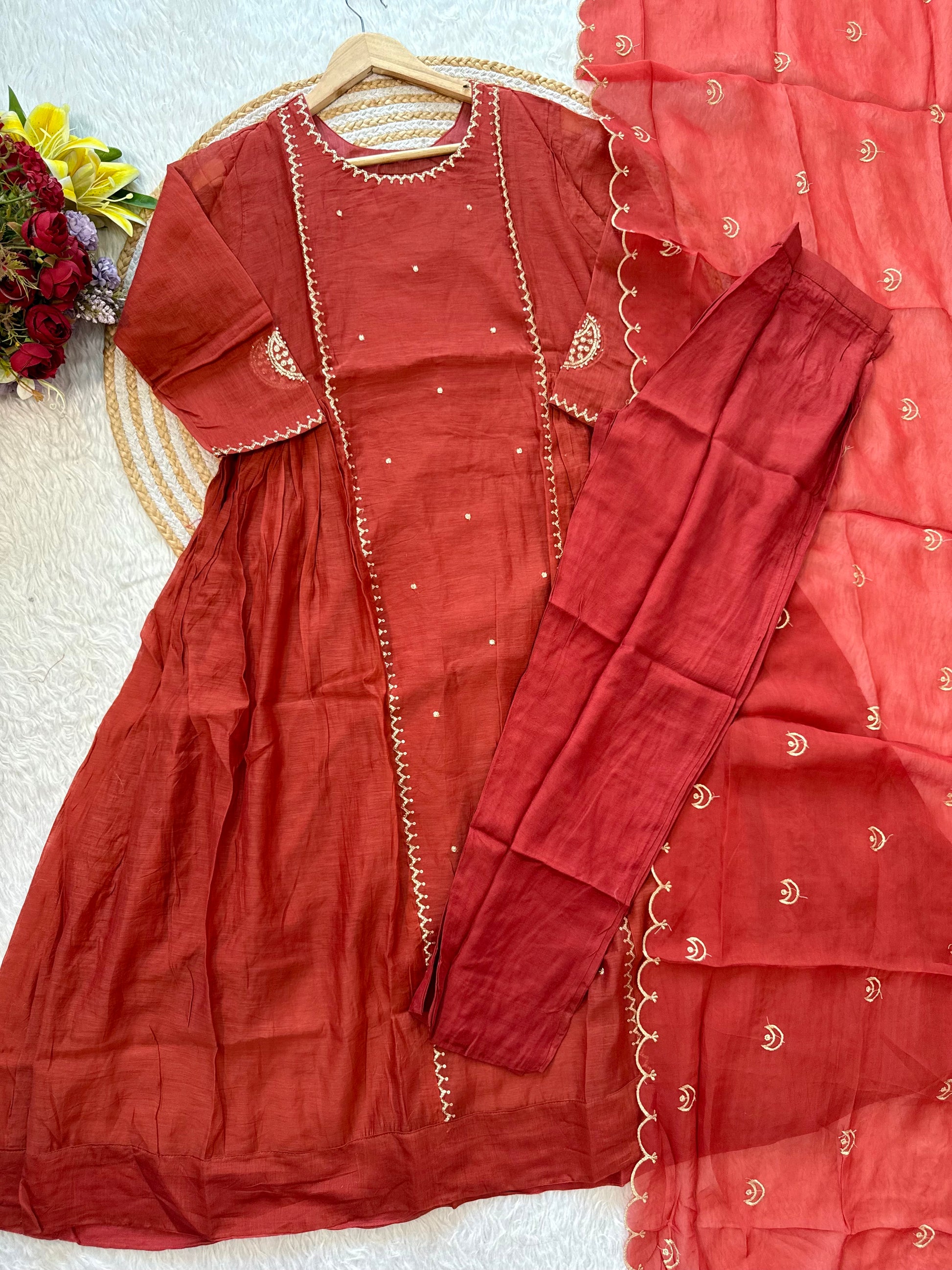 “MUL” Beautiful Mul Chanderi anarkali kurti set