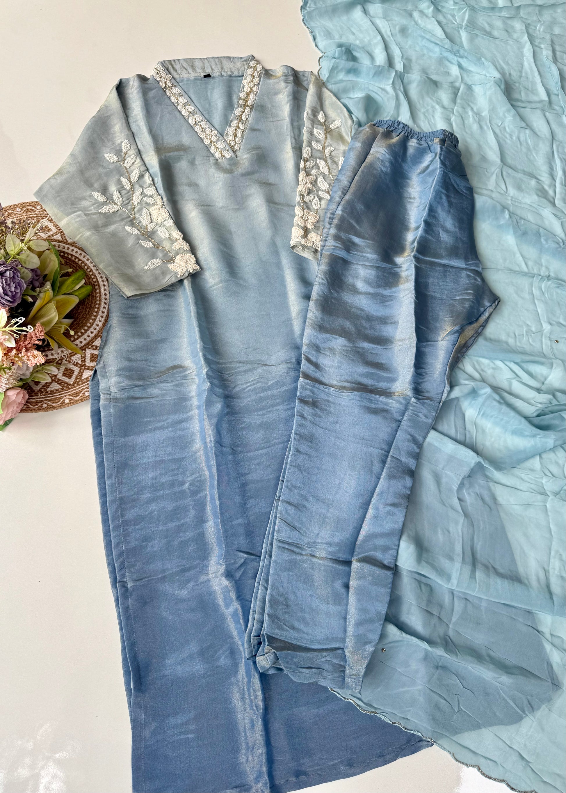 “Alora” Blue Serenity Ombre Tissue Silk kurta set