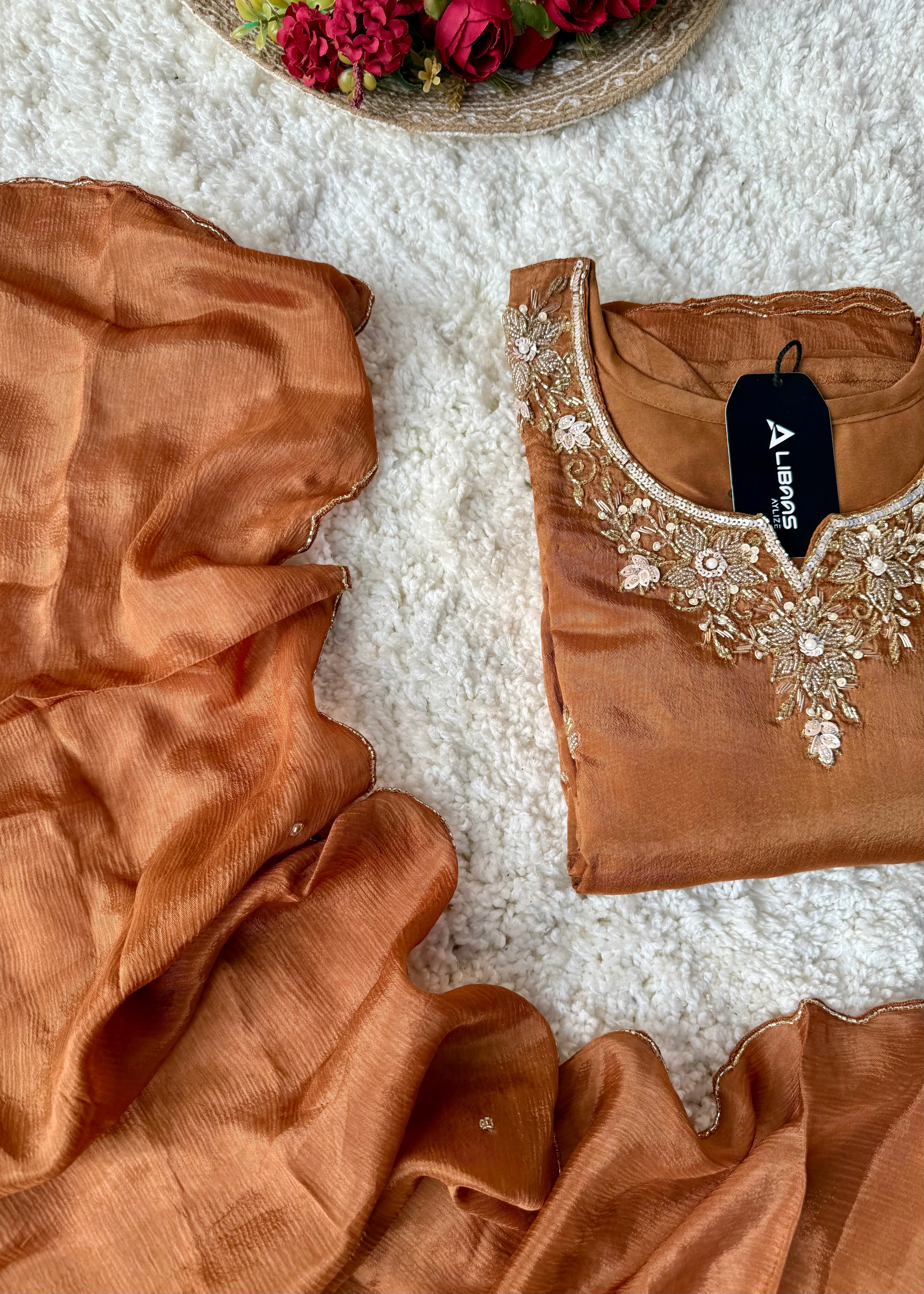 ✨ “Aaliya – Premium Caramel Brown Chinnon handwork straight kurta set