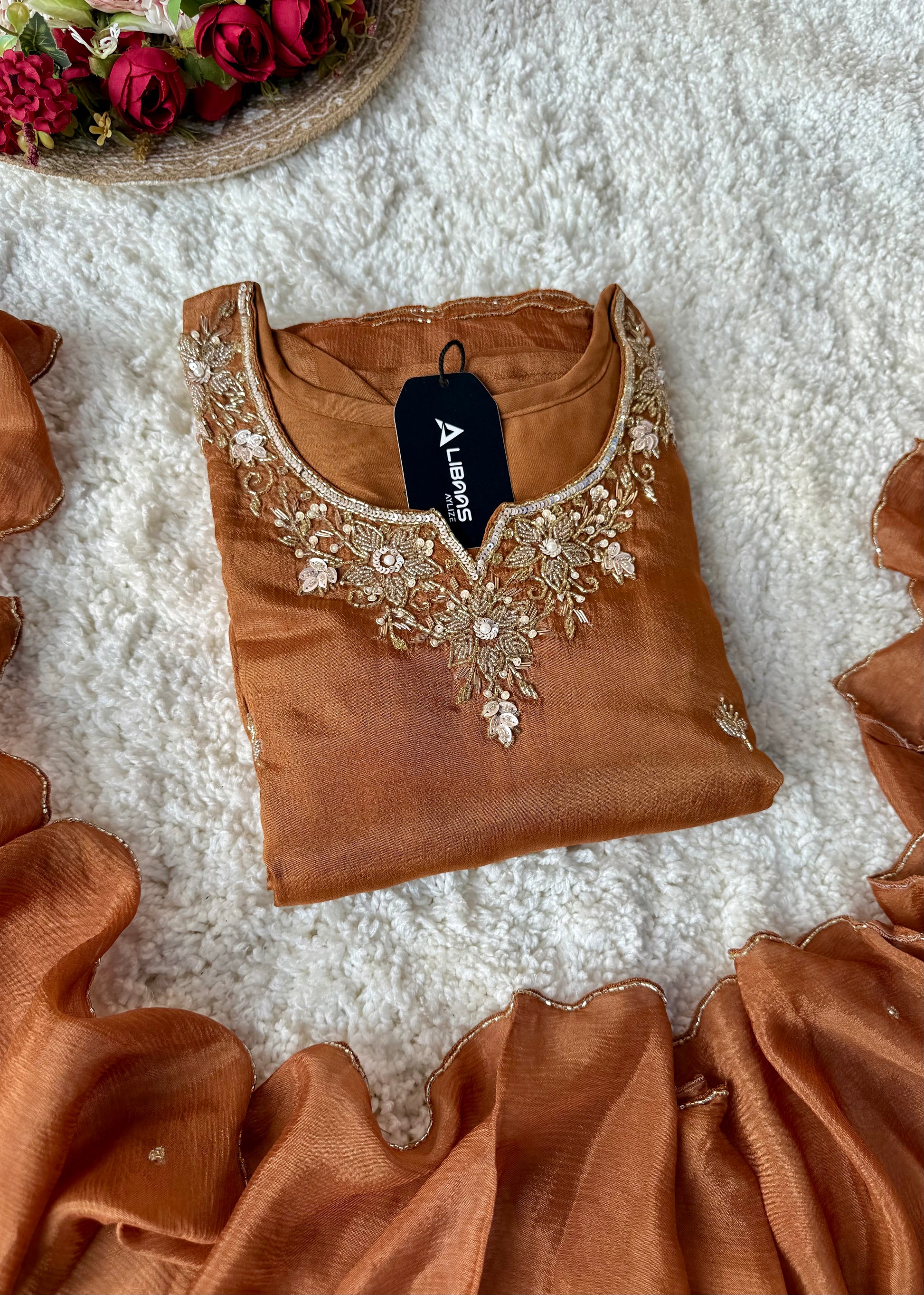 ✨ “Aaliya – Premium Caramel Brown Chinnon handwork straight kurta set