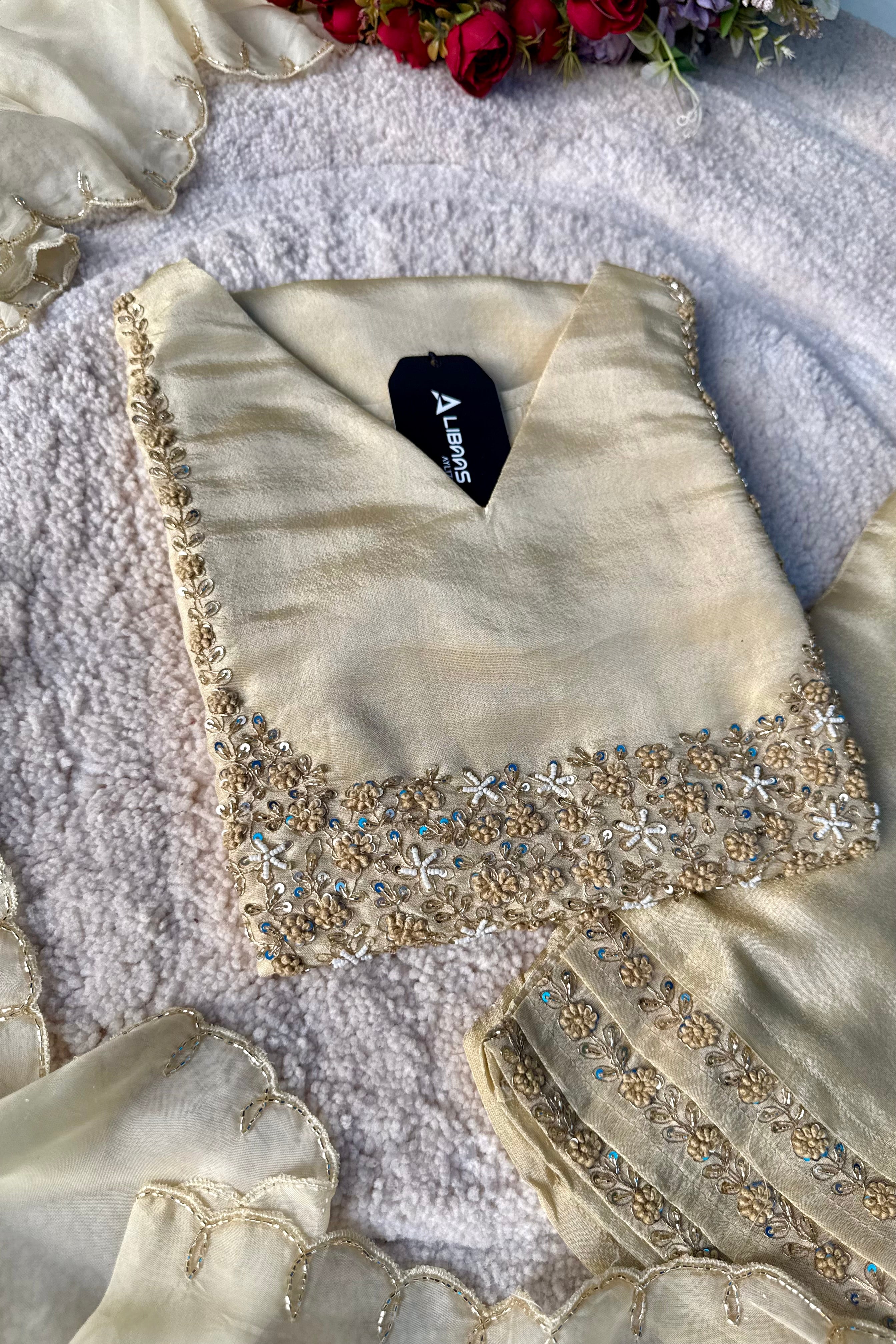 “Jini” Tissue silk handcrafted kurti bottom dupatta set 🛍️