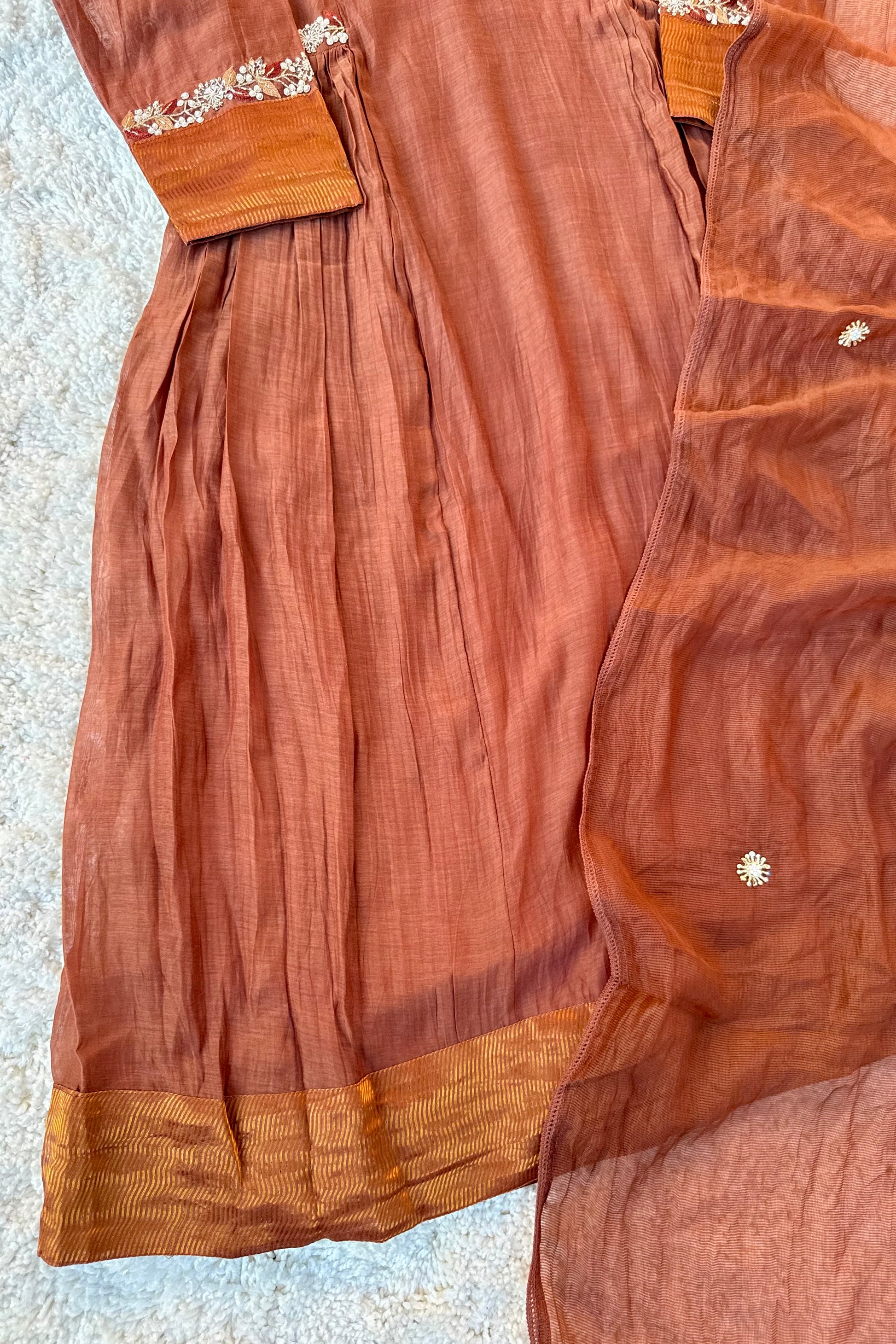 ✨Aabira – Coffee Brown Mul Chanderi Anarkali kurti bottom with dupatta