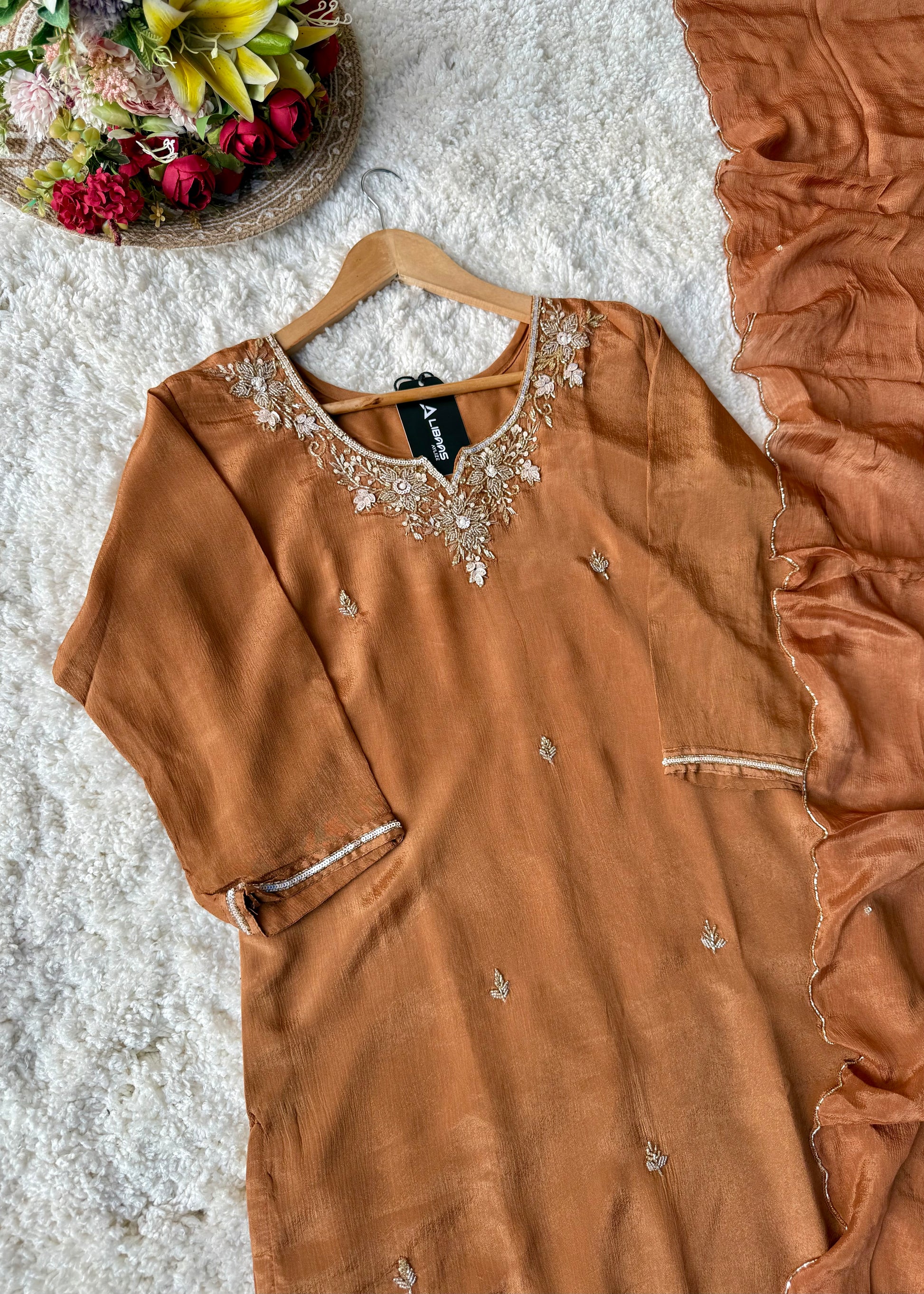 ✨ “Aaliya – Premium Caramel Brown Chinnon handwork straight kurta set