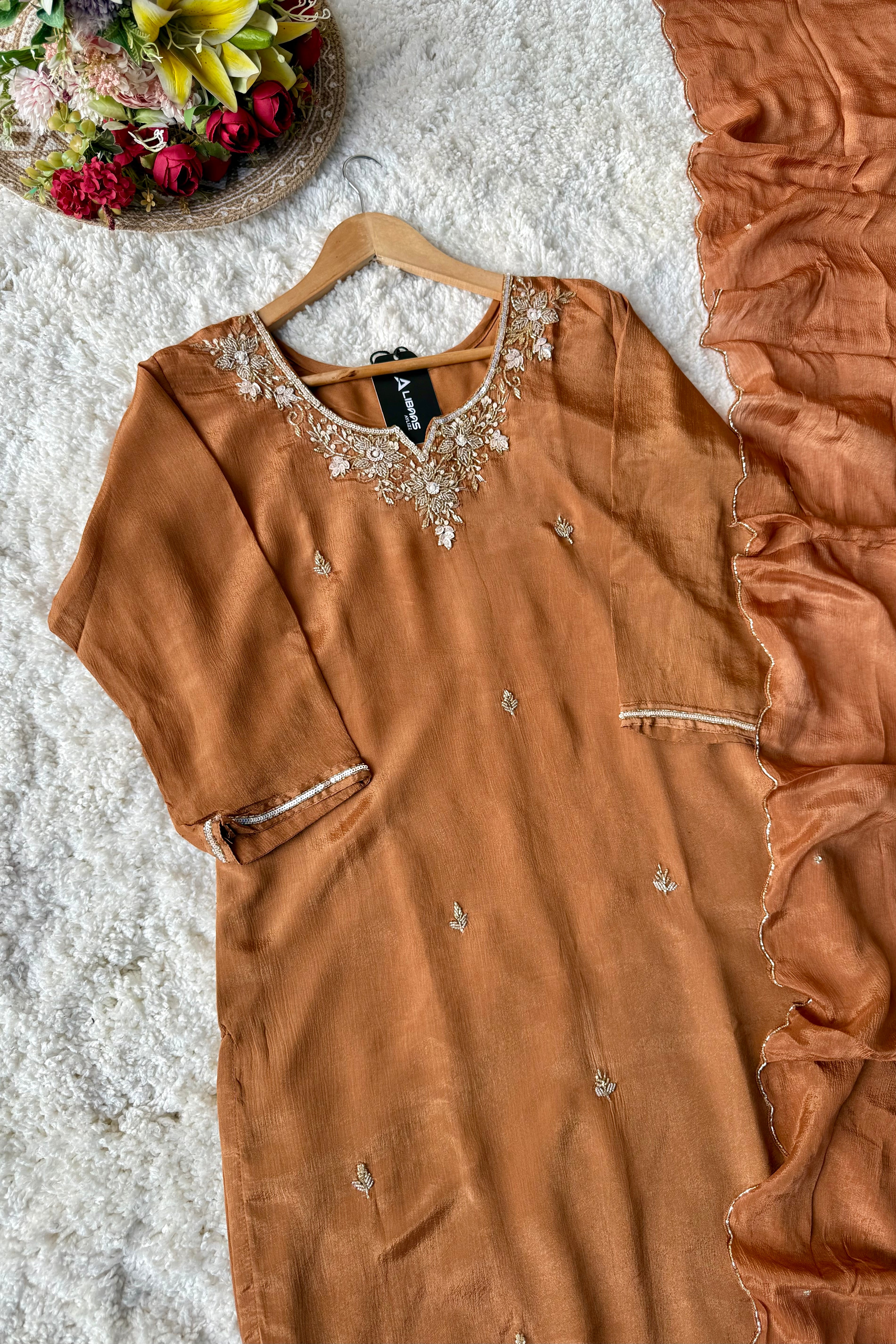 ✨ “Aaliya – Premium Caramel Brown Chinnon handwork straight kurta set