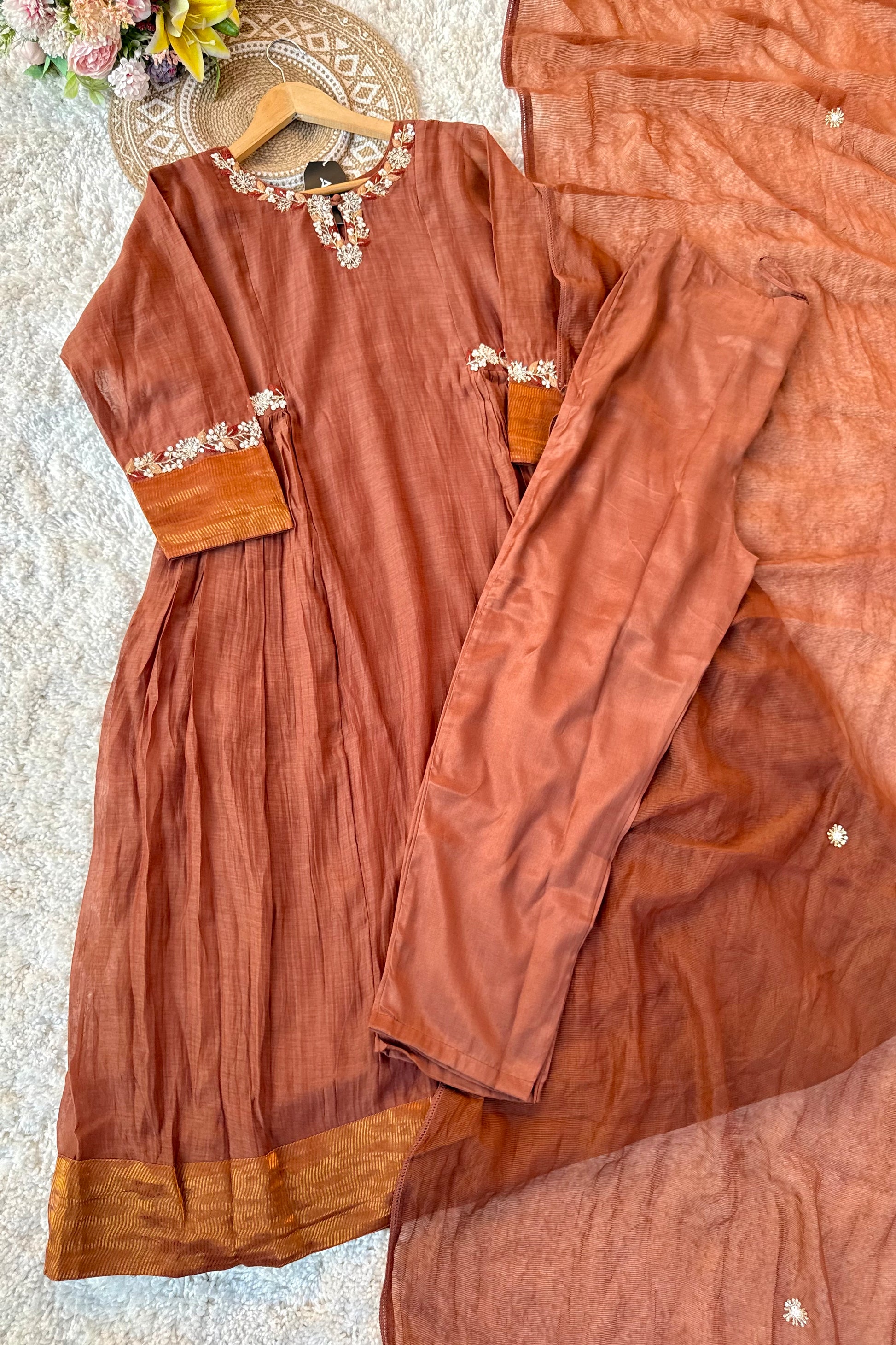 ✨Aabira – Coffee Brown Mul Chanderi Anarkali kurti bottom with dupatta