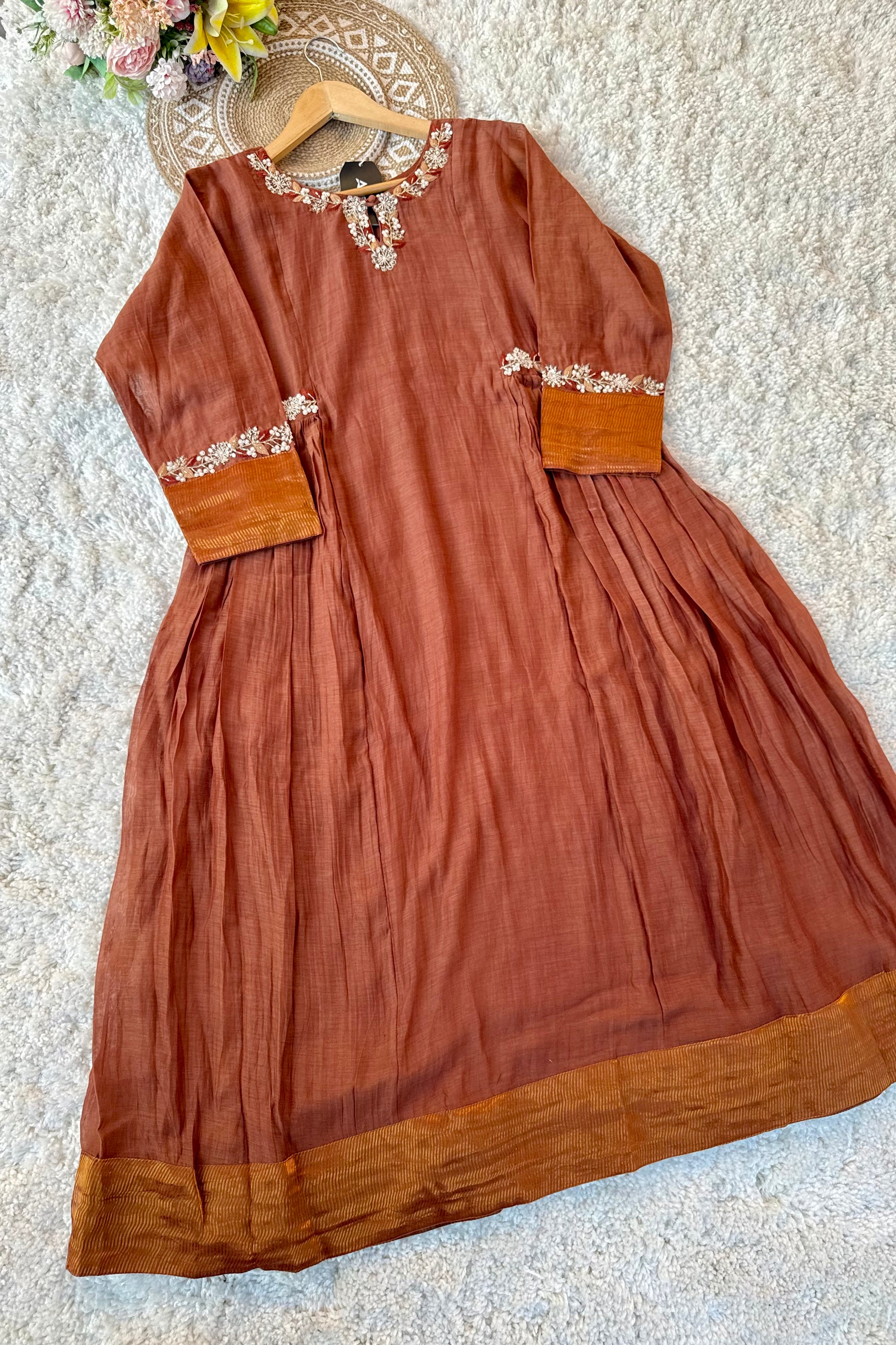 ✨Aabira – Coffee Brown Mul Chanderi Anarkali kurti bottom with dupatta