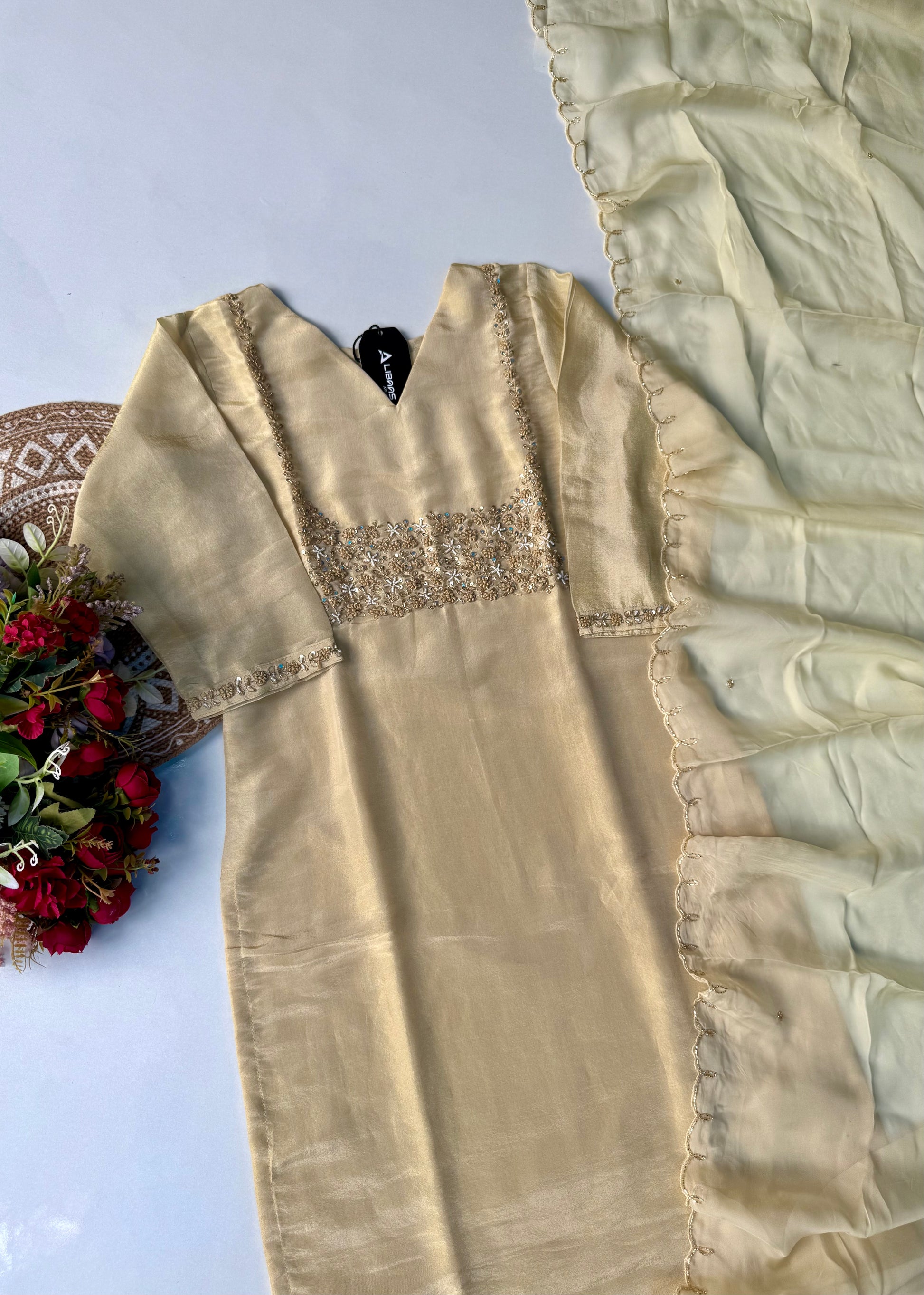 “Jini” Tissue silk handcrafted kurti bottom dupatta set 🛍️