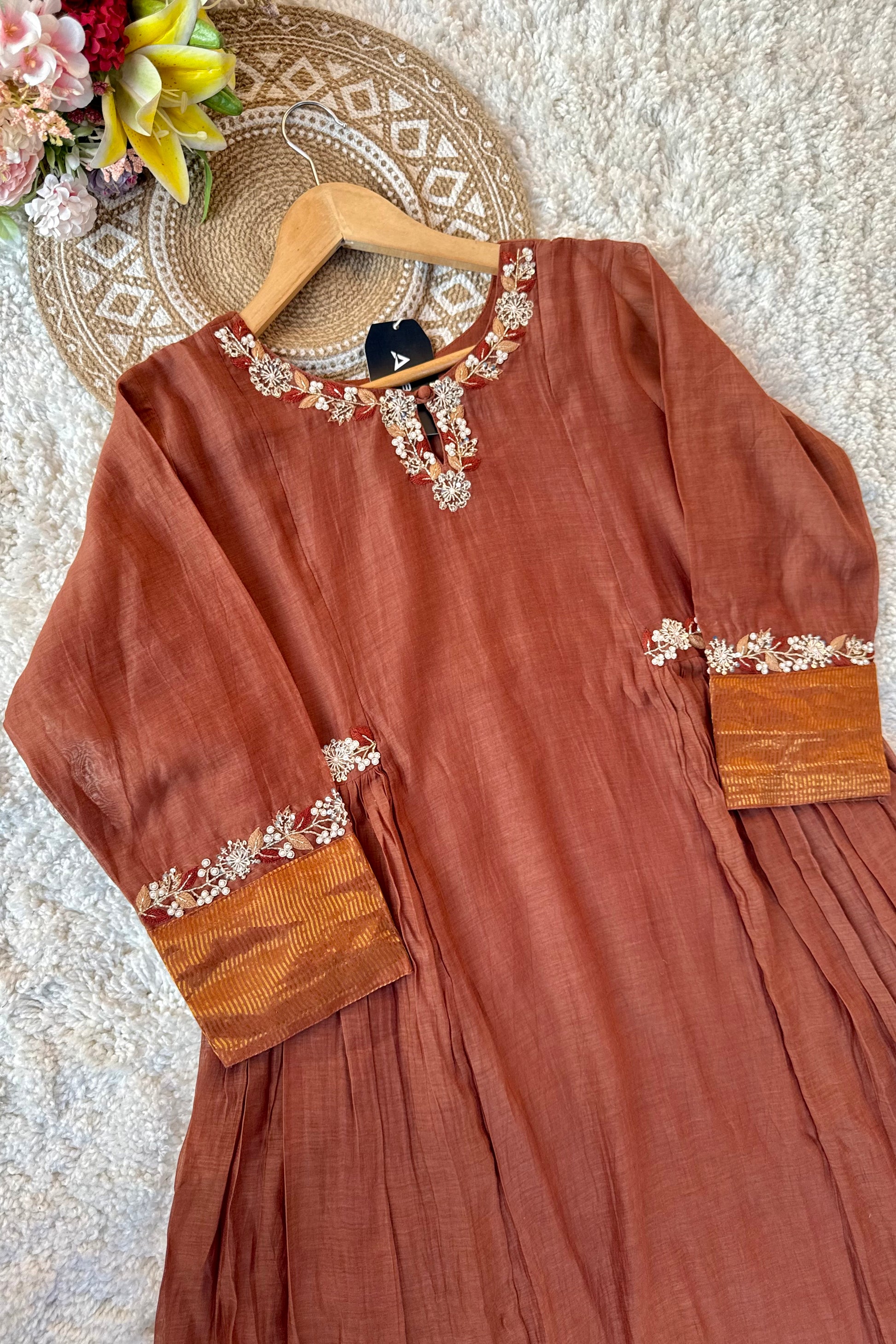 ✨Aabira – Coffee Brown Mul Chanderi Anarkali kurti bottom with dupatta