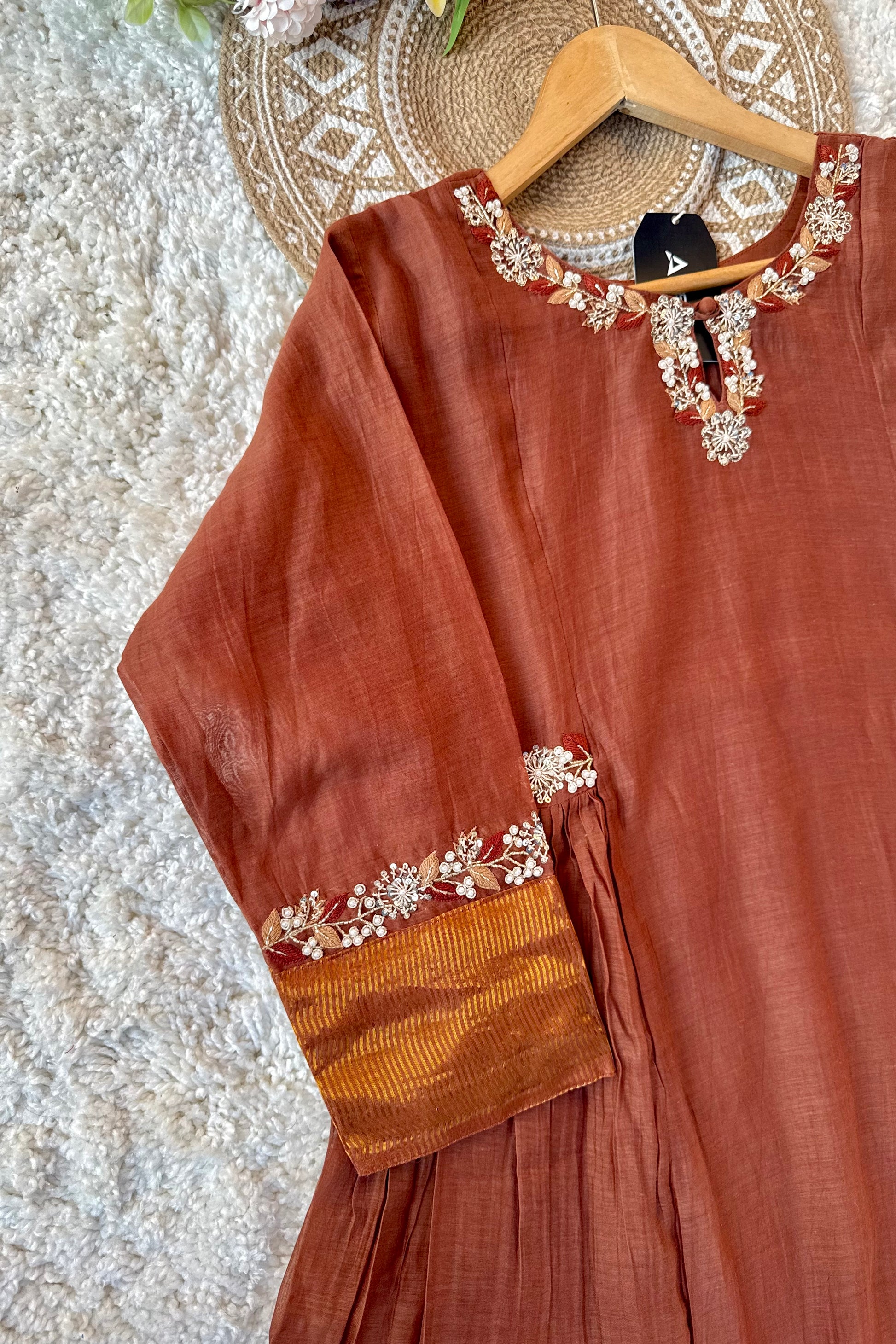 ✨Aabira – Coffee Brown Mul Chanderi Anarkali kurti bottom with dupatta