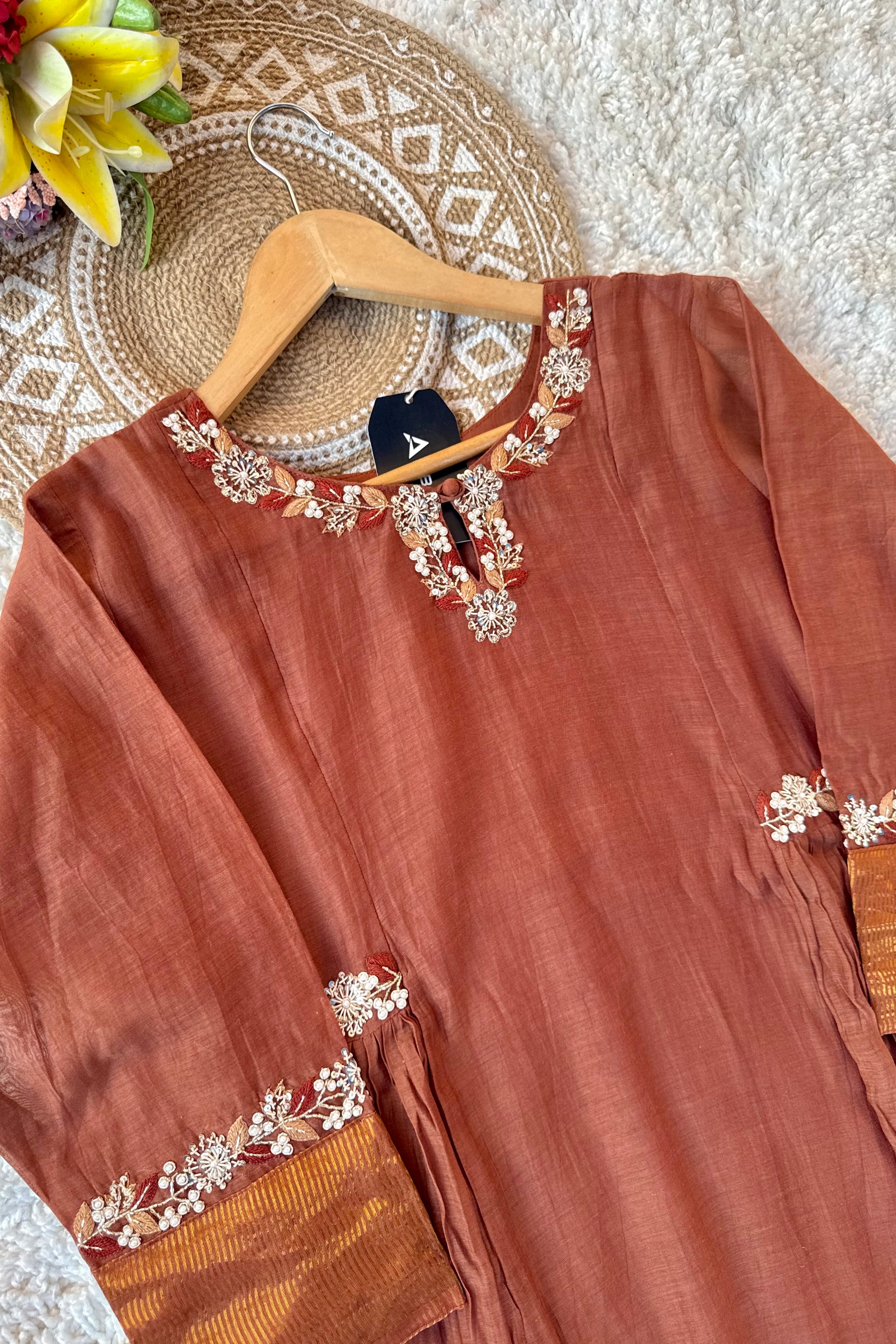 ✨Aabira – Coffee Brown Mul Chanderi Anarkali kurti bottom with dupatta