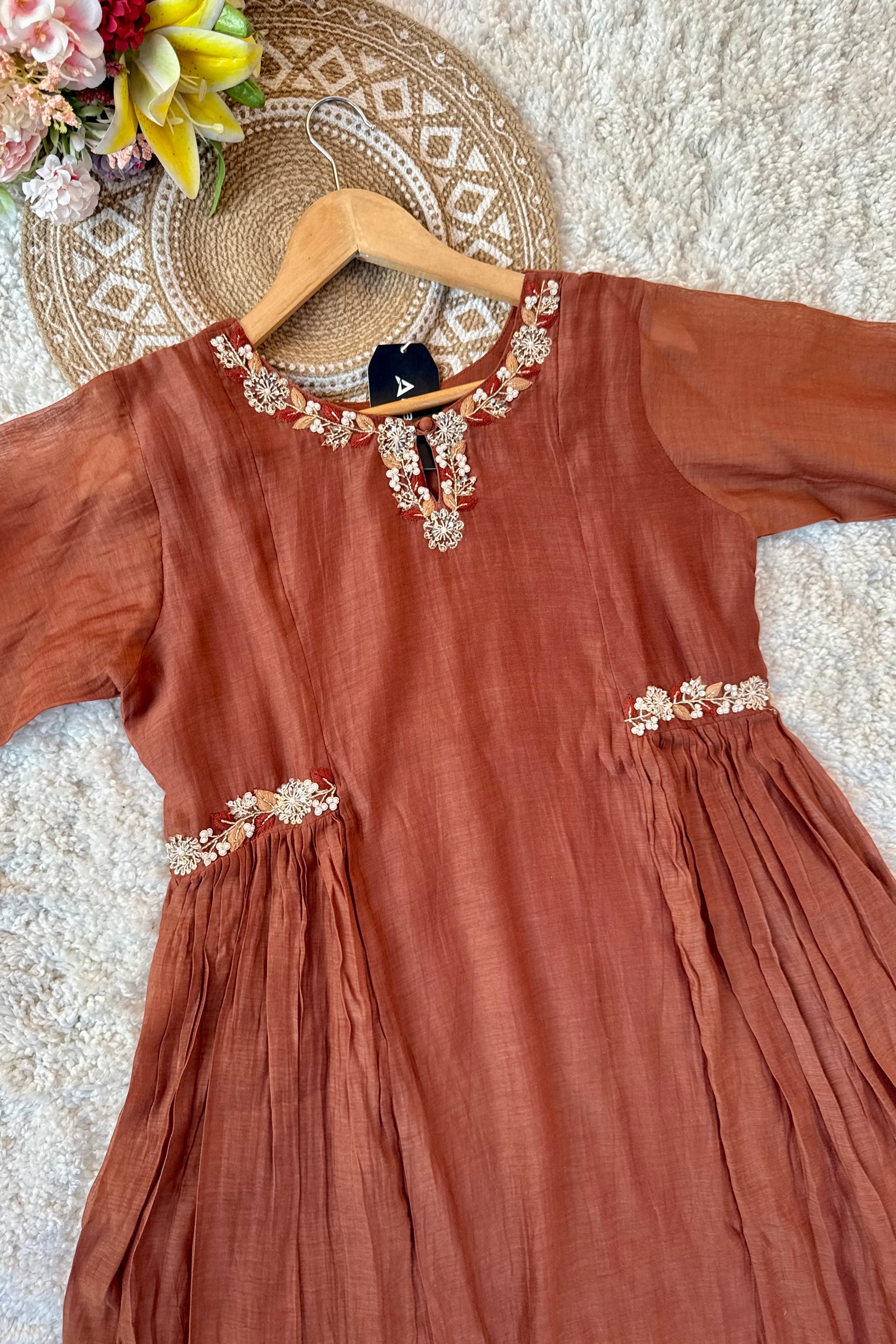 ✨Aabira – Coffee Brown Mul Chanderi Anarkali kurti bottom with dupatta